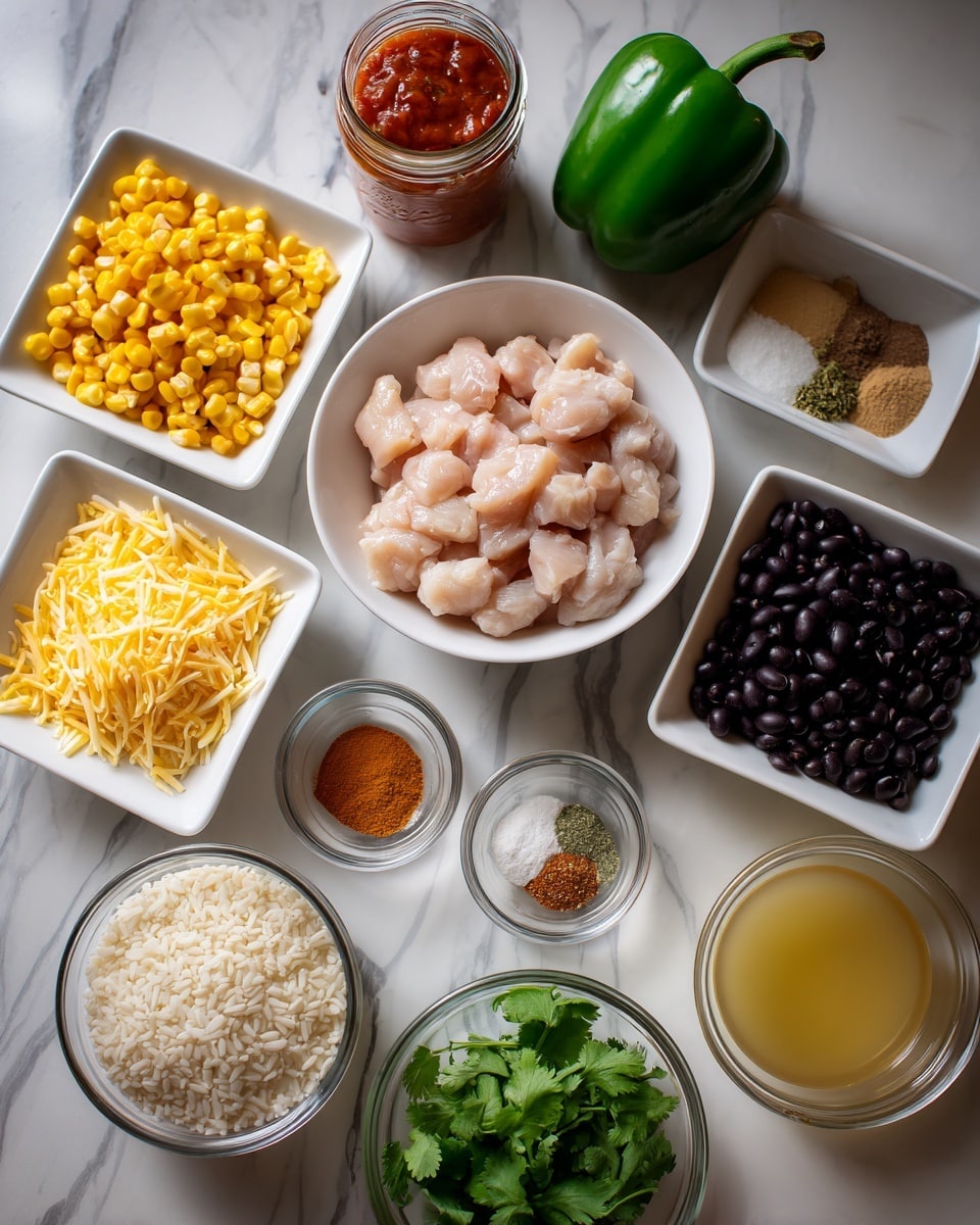 The image shows various ingredients arranged neatly on a white marbled surface. At the center is a white bowl filled with small pieces of raw light pink chicken. Surrounding it are separate containers: a white square bowl of bright yellow corn kernels at the top left, a white square bowl of shiny black beans at the top right, and a white bowl of shredded pale yellow cheese at the bottom left. Near the center is a clear glass bowl of long grain white rice. A whole green bell pepper sits behind the rice. There are three small clear glass bowls with spices: chili powder which is a rusty brown color, ground cumin in a dull orange tone, and garlic powder in an off-white shade. A small clear glass bowl on the bottom right contains fresh green cilantro leaves. A clear glass bowl of light yellow chicken broth is near the bottom right corner. A jar of chunky red salsa is also present on the left side. The lighting is bright and natural. photo taken with an iphone --ar 4:5 --v 7