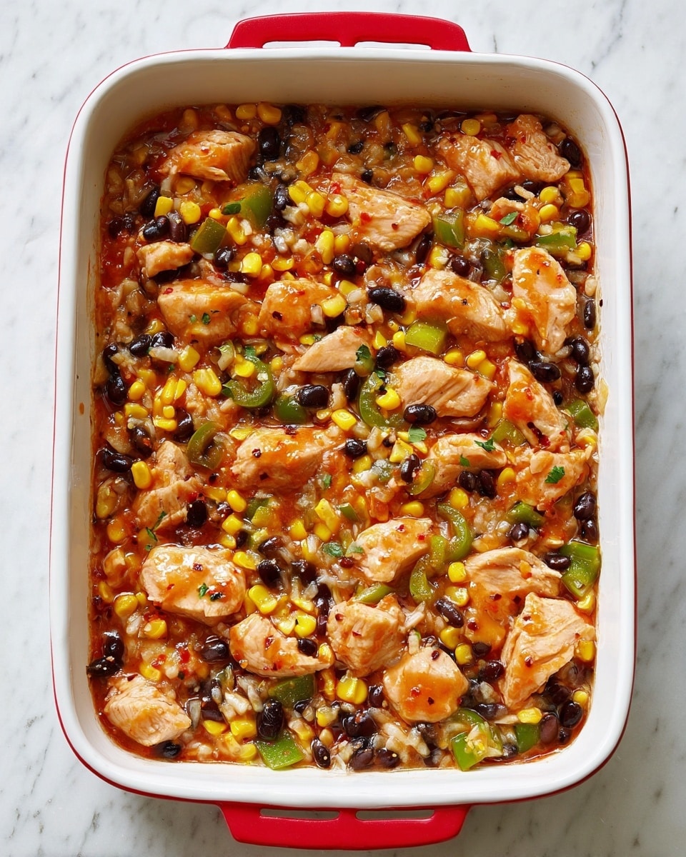 A white rectangular baking dish with red handles is filled with a colorful mix of ingredients layered together. The dish contains soft chunks of light pink raw chicken mixed evenly with bright yellow corn kernels, small shiny black beans, white rice grains, and bright green bell pepper pieces. The whole mixture is coated in a glossy reddish sauce with visible small bits of herbs and spices scattered throughout. The dish sits on a white marbled surface. photo taken with an iphone --ar 4:5 --v 7