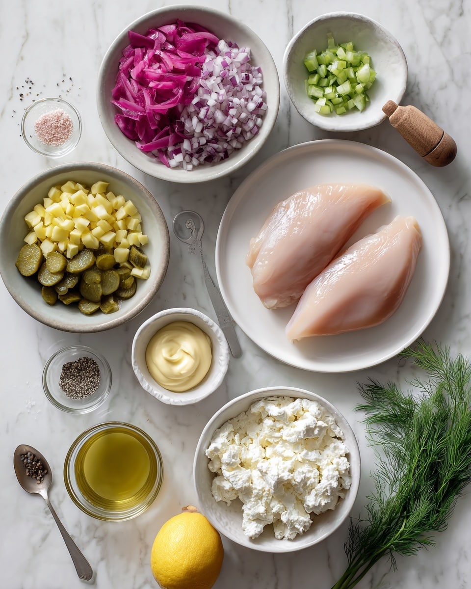 The image shows several small white bowls and plates arranged on a white marbled surface, each holding different ingredients. In the center, a white plate holds two raw chicken breasts with a smooth, pale pink texture. Surrounding this plate are bowls with finely chopped red onion in purple and white colors, diced yellow-green dill pickles, fresh dark green dill herbs, and small green celery pieces. There are also small clear bowls containing creamy yellow Dijon mustard, coarse pink salt, black pepper specks, and golden pickle juice in a glass container with a wooden handle. A small white bowl contains white cottage cheese with a soft texture, while another white bowl is filled with thick, creamy mayonnaise. A halved bright yellow lemon is also placed on the marbled surface near the bowls. A silver spoon with white garlic powder rests near the bottom left corner. The whole setup is clean and bright with a neat, organized look. photo taken with an iphone --ar 4:5 --v 7