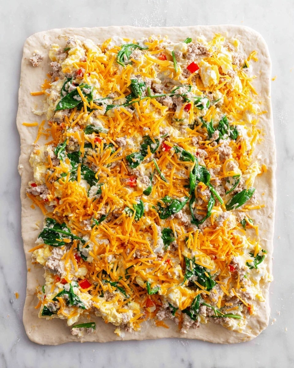 A rough square dough base with soft beige color and uneven edges is laid flat on a white marbled surface. The first thick layer is spread unevenly with a creamy mixture dotted with small bits of brown meat. On top of that, shredded orange cheddar cheese is scattered all over. The next layer consists of scrambled eggs mixed with bright green spinach leaves and small pieces of red bell pepper, spread loosely across the entire surface. The colors show a mix of creamy white, orange, yellow, green, and red in a casual, rustic arrangement. photo taken with an iphone --ar 4:5 --v 7