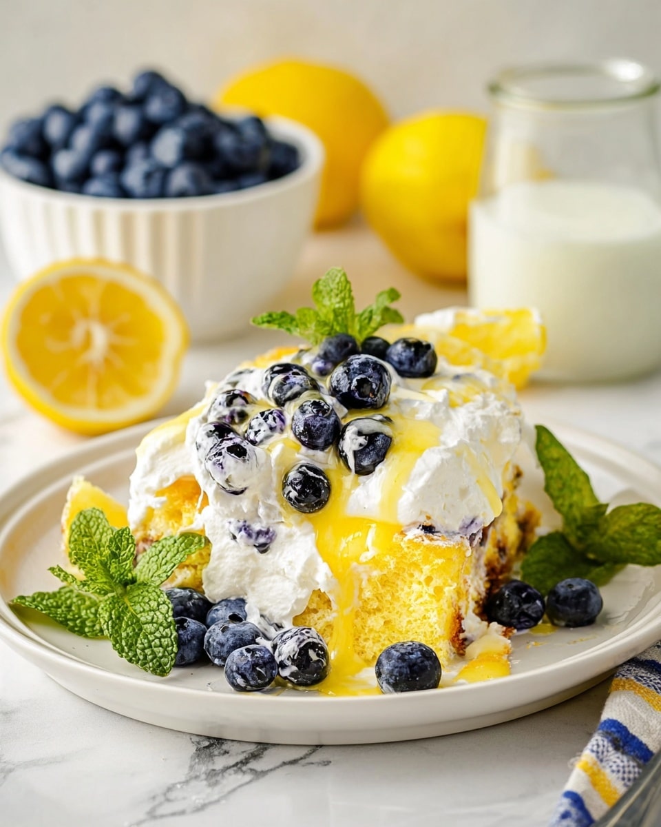A white plate holds a vibrant lemon blueberry dessert with three visible layers: a bright yellow lemon cake base with a soft, spongy texture, topped by a thick white whipped cream layer dotted with fresh dark blue blueberries, and a glossy yellow lemon sauce drizzled unevenly over the top. Scattered blueberries rest on and around the dessert, along with fresh green mint leaves and lemon slices placed beside it. In the background, a white bowl filled with blueberries and two lemon halves sit on a white marbled surface next to a glass jar containing a white liquid. photo taken with an iphone --ar 4:5 --v 7