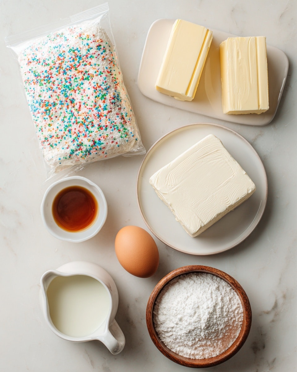 A top view of six baking ingredients arranged on a white marbled surface: in the top left, a clear plastic bag filled with white Funfetti cake mix with small colorful sprinkles inside; at the top right, two sticks of pale yellow butter stacked; below the butter, a small white bowl holding a brown vanilla liquid; in the center left, a rectangular block of smooth white cream cheese set on a white plate; next to it on the right, a brown egg in a small white bowl; at the bottom left, a small white pitcher filled with heavy cream; and at the bottom right, a wooden bowl filled with fine white powdered sugar. photo taken with an iphone --ar 4:5 --v 7