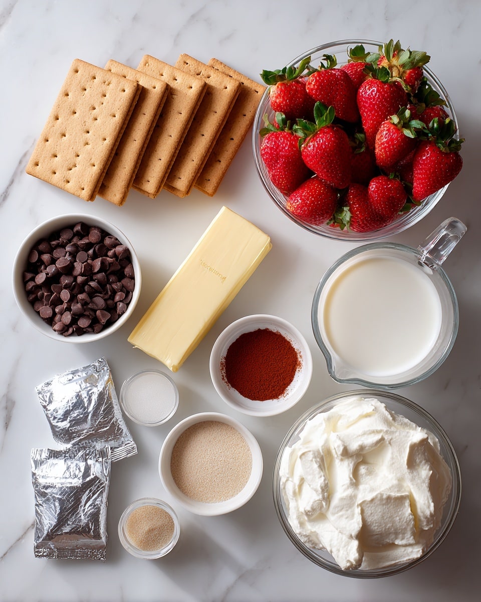 The image shows an arrangement of ingredients for a dessert on a white marbled surface. There is a neat stack of rectangular graham crackers arranged diagonally at the top center, light brown with small holes. To the right, there is a clear glass measuring cup filled with white heavy cream. Below the crackers, a stick of salted butter with a yellow wrapper is placed horizontally. Next to it is a small white bowl filled with reddish-brown cinnamon powder. Below that is a small white bowl of chocolate chips, dark brown and glossy. To the right side, a large clear glass bowl filled with bright red strawberries with green leaves is present. Below the strawberries, a small white bowl holds thick white sour cream. Two silver-wrapped packs of cream cheese are placed on the left side vertically. Two small white bowls at the bottom hold light brown sugar and white sugar respectively. The whole setup is clean and bright, with all items laid out clearly. photo taken with an iphone --ar 4:5 --v 7