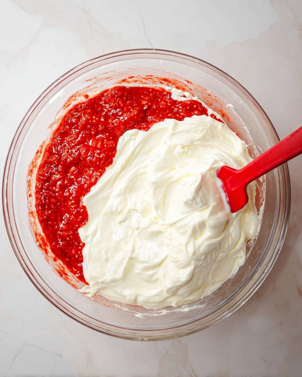 A clear glass bowl sits on a white marbled surface, holding two distinct layers of ingredients. One half of the bowl is filled with a thick, bright red sauce with a textured, slightly chunky look. The other half contains a large dollop of smooth, white creamy mixture with soft, fluffy peaks. A red spatula is partially submerged in the white creamy layer, blending the two sides slightly at the center. The overall scene gives a fresh and clean feeling. photo taken with an iphone --ar 4:5 --v 7