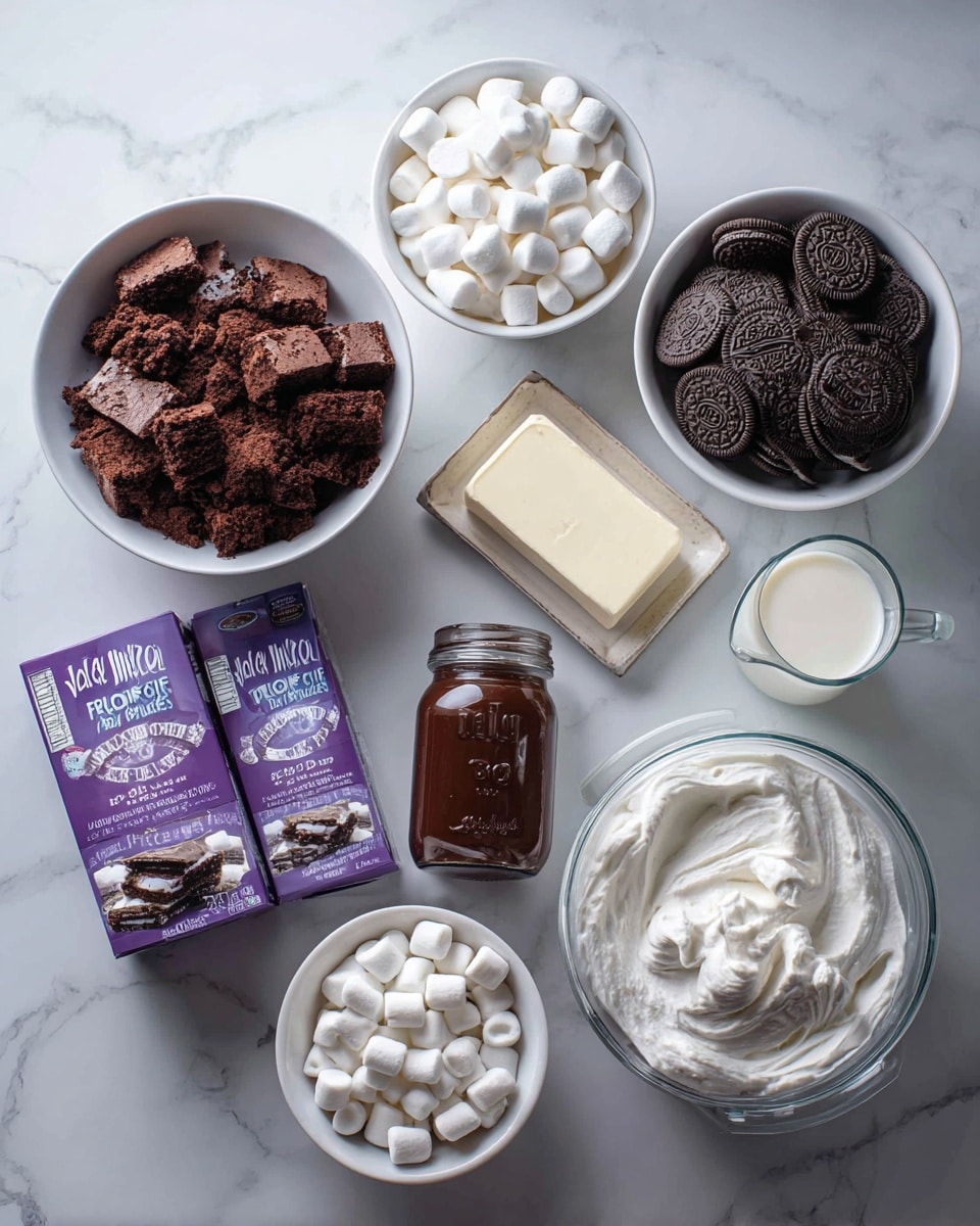 The image shows various ingredients arranged neatly on a white marbled surface, labeled with bold black text. There is a white bowl filled with crumbled dark brown brownie pieces in the top left corner. Next to it on the right is a large blue package of Oreo cookies. Below the brownies is a silver package of cream cheese. A tall clear jar of dark brown hot fudge sits in the center. Two purple boxes of Jell-O chocolate fudge pudding mix are on the left, near a white bowl filled with small white mini marshmallows. In the bottom right corner is a white bowl filled with smooth white whipped topping, partly scooped out. Finally, a glass measuring cup holds white milk. The overall setup is clean and organized, showing the raw ingredients for a dessert. photo taken with an iphone --ar 4:5 --v 7