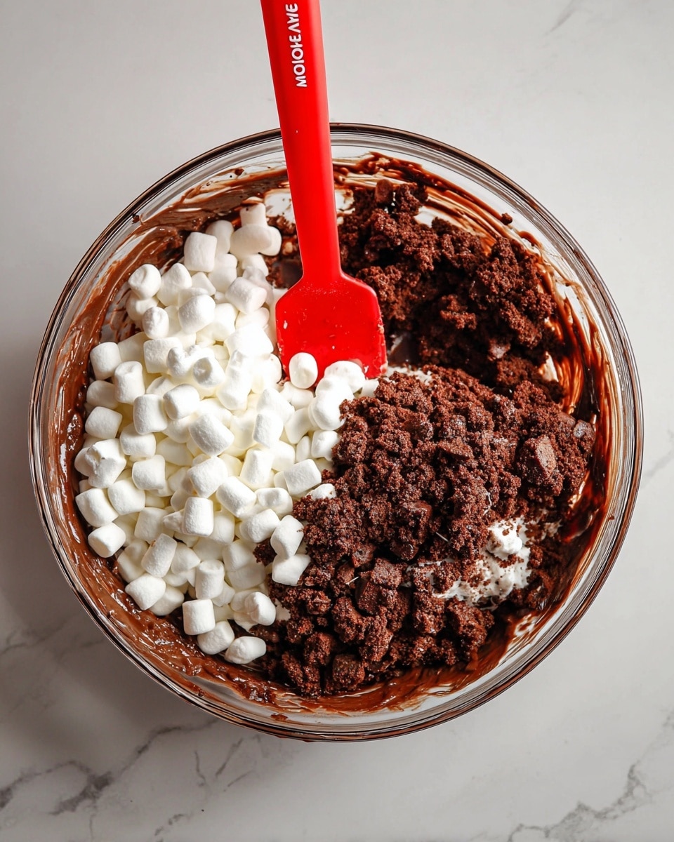 A clear glass bowl sits on a white marbled surface, filled with three visible layers inside: one side is small, white mini marshmallows with soft, smooth texture; next to them is crumbled dark brown cake pieces, rough and crumbly; and underneath both is a thick, glossy dark chocolate batter. A bright red spatula stands upright in the mixture, touching the chocolate batter and cake crumbs. The bowl's inner sides have some chocolate batter smeared. Photo taken with an iphone --ar 4:5 --v 7