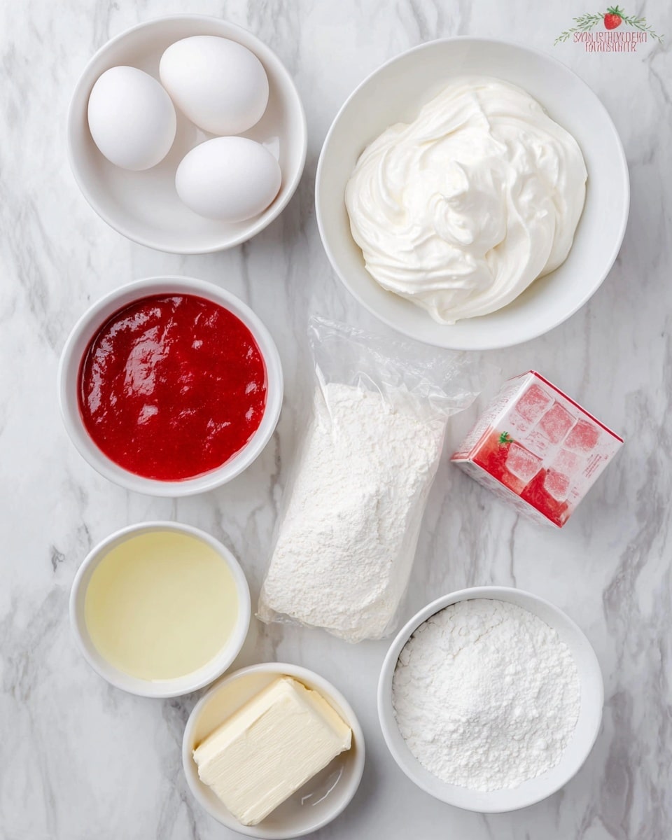 The image shows seven white bowls and a plastic bag placed on a white marbled surface. The top left bowl holds three white eggs, while to its right is a bowl filled with thick white cream with smooth, peaked texture. Below the eggs, there is a bowl of bright red strawberry sauce with a slightly chunky texture. In the center lies a clear plastic bag filled with white flour. A small unopened box of strawberry gelatin dessert with a red and pink label sits to the right of the flour bag. Below the flour is a bowl containing clear pale yellow liquid. At the bottom right corner, a bowl contains a white powder, likely powdered sugar, and next to it is a bowl with a block of soft, creamy white cream cheese. photo taken with an iphone --ar 4:5 --v 7