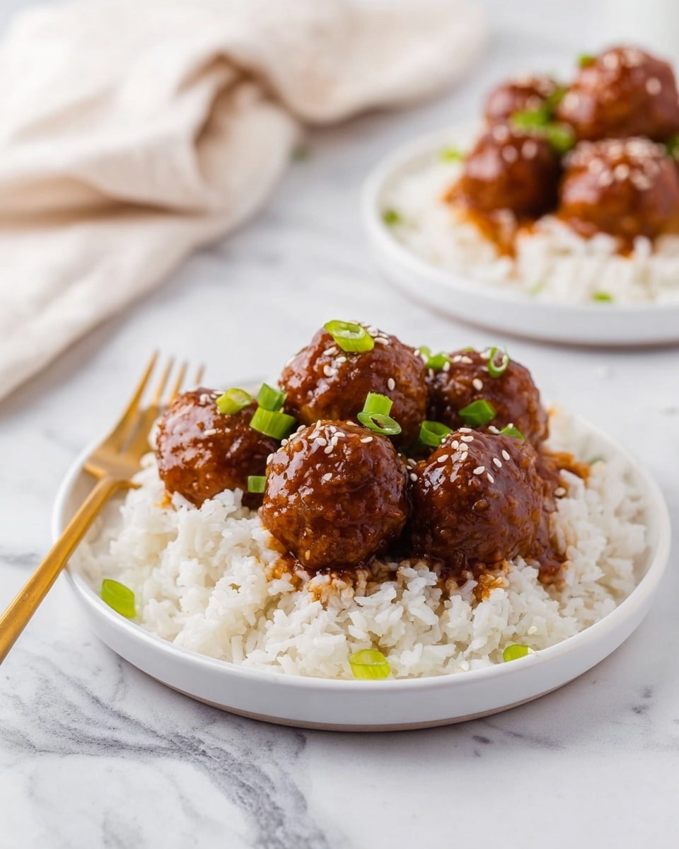 The dish shows a white plate with two main layers. The bottom layer is a pile of white rice, with a soft, fluffy texture evenly spread across the plate. On top of the rice are six round meatballs covered in a shiny brown sauce, giving them a smooth and glossy look. The meatballs are garnished with small green onion pieces and sprinkled with white sesame seeds, adding a slight texture contrast. The plate is placed on a white marbled surface, and there is a blurred second plate with the same dish in the background. A gold fork lies beside the main plate, and the overall light is bright and natural. photo taken with an iphone --ar 4:5 --v 7