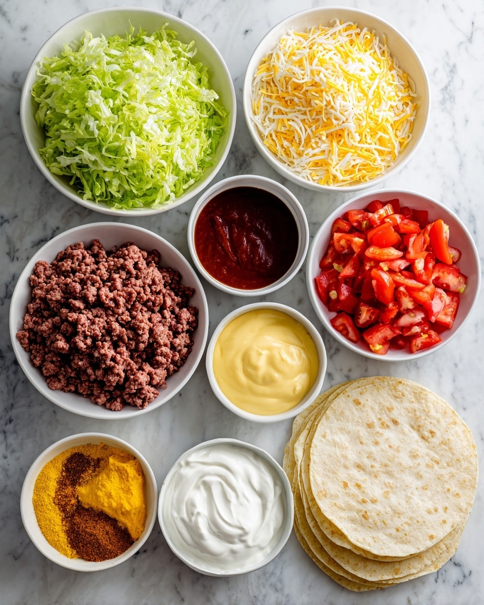 The image shows a collection of taco ingredients arranged neatly on a white marbled surface. There is a pile of raw ground beef, bright green shredded lettuce in a white bowl, and two types of shredded cheese, one pale yellow and the other white, mixed together in another white bowl. Next to these are chopped red tomatoes in a white bowl. Three small white bowls hold yellow taco seasoning powder, dark reddish-brown taco sauce, and pale yellow nacho cheese sauce, while a separate bowl contains thick white sour cream. On the lower right side, there are soft white tortillas stacked with one slightly brown toasted tortilla and yellow crispy tostadas placed on top. The composition is simple and clean, showing all ingredients separately before assembly, photo taken with an iphone --ar 4:5 --v 7