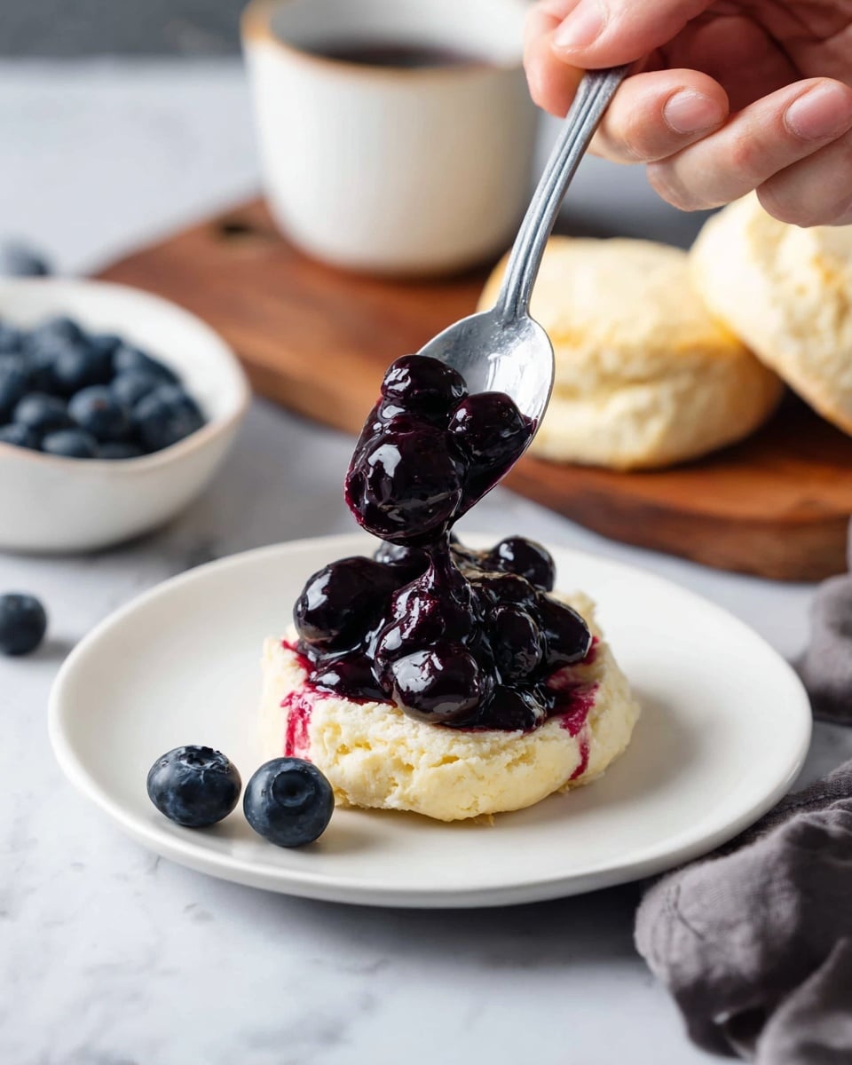 A white plate shows a biscuit split open as the base layer, with a soft, light yellow texture. On top, a spoon held by a woman's hand is placing a handful of shiny, dark purple blueberries covered in thick, glossy deep purple sauce. Next to the plate, a few loose blueberries rest on the white marbled surface. Behind, there is a white plate with two whole biscuits on a wooden board, and a white bowl filled with fresh blueberries in the background. Photo taken with an iphone --ar 4:5 --v 7