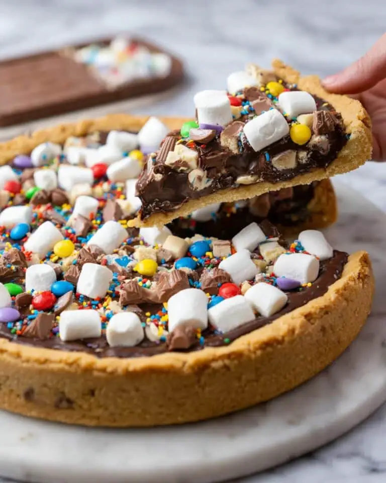 Loaded Chocolate Chip Cookie Pizza with M&M’s, Marshmallows, and White Chocolate Drizzle Recipe