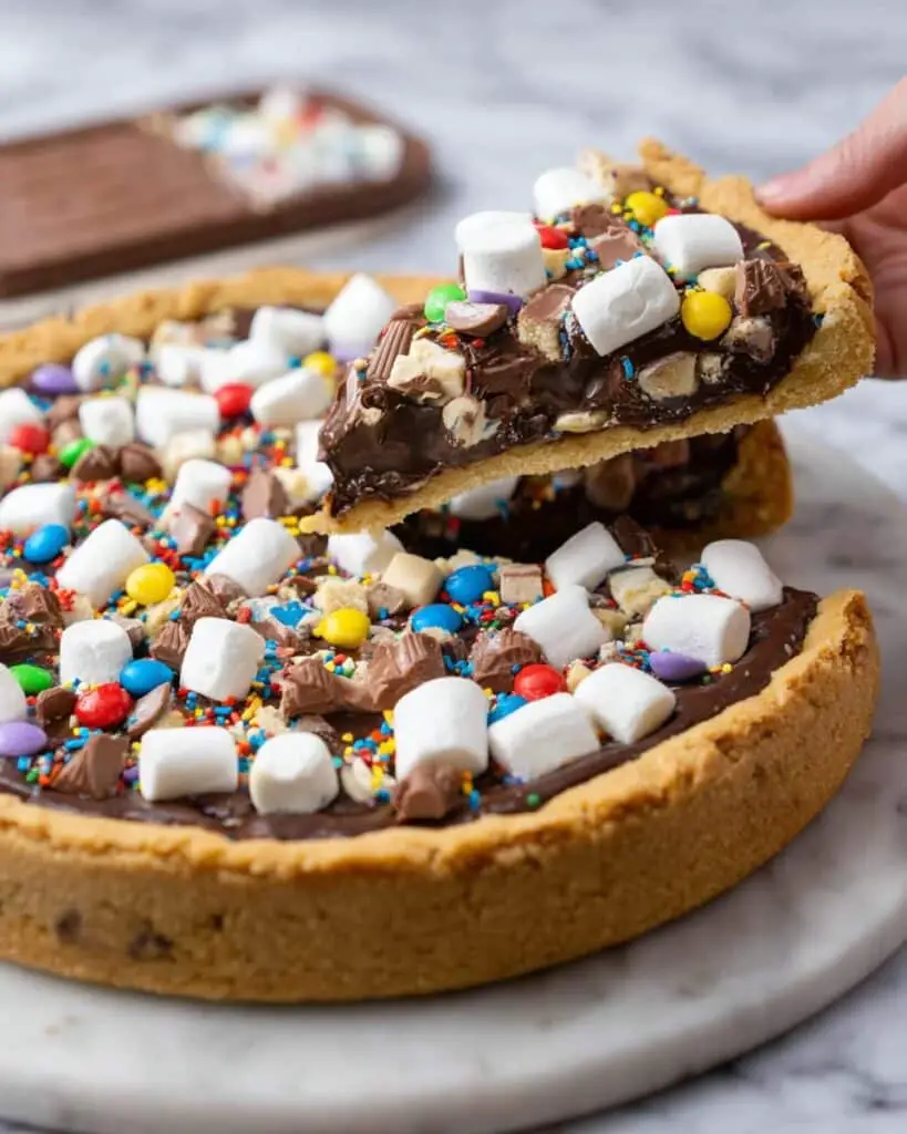 Loaded Chocolate Chip Cookie Pizza with M&M’s, Marshmallows, and White Chocolate Drizzle Recipe