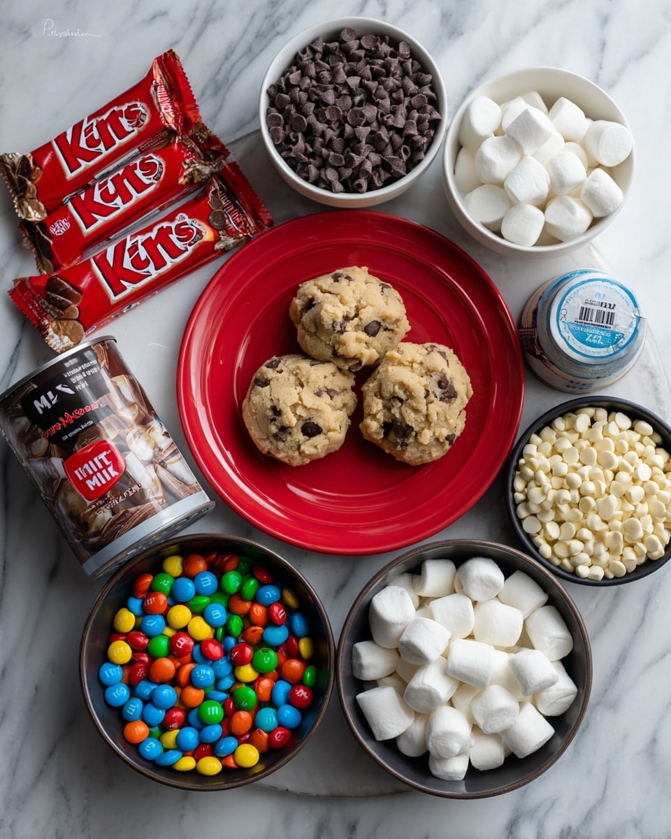 The image shows an arrangement of ingredients on a white marbled surface, all placed in different bowls and containers. In the middle, there is a red plate with two lumps of beige pre-made cookie dough with dark chocolate chips inside. Above it, a white bowl is filled with many small dark brown mini semi-sweet chocolate chips, and a dark bowl beside it holds white mini marshmallows. To the left of the red plate, several dark chocolate Kit Kat bars are stacked. To the right of the plate, there is a can of sweetened condensed milk. Below, three dark bowls are lined up side by side: the left and middle bowls hold colorful M&M's with red, yellow, blue, green, orange, and brown candy shells, and the right bowl is filled with white chocolate chips. The photo taken with an iphone --ar 4:5 --v 7