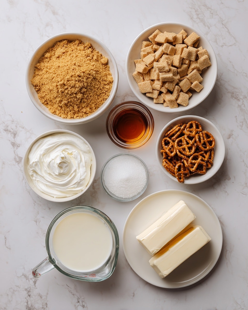 The image shows eight small white bowls and plates arranged on a white marbled surface, each filled with different baking ingredients. Starting from the top left, there is a large bowl with golden brown graham cracker crumbs, next to it on the right is a smaller bowl filled with crushed light tan pretzels. Below the pretzels, there is a small bowl with white marshmallow creme, and below that, a small glass container with amber-colored vanilla extract. To the left of the vanilla extract, there is a clear measuring cup filled with white heavy cream. Above the heavy cream, there is a small clear bowl with pale yellow melted butter. To the left of the melted butter, a small bowl holds white sugar. In the center, there is a small white plate with two blocks of creamy white cream cheese. The setup is neatly organized on the white marbled background. photo taken with an iphone --ar 4:5 --v 7