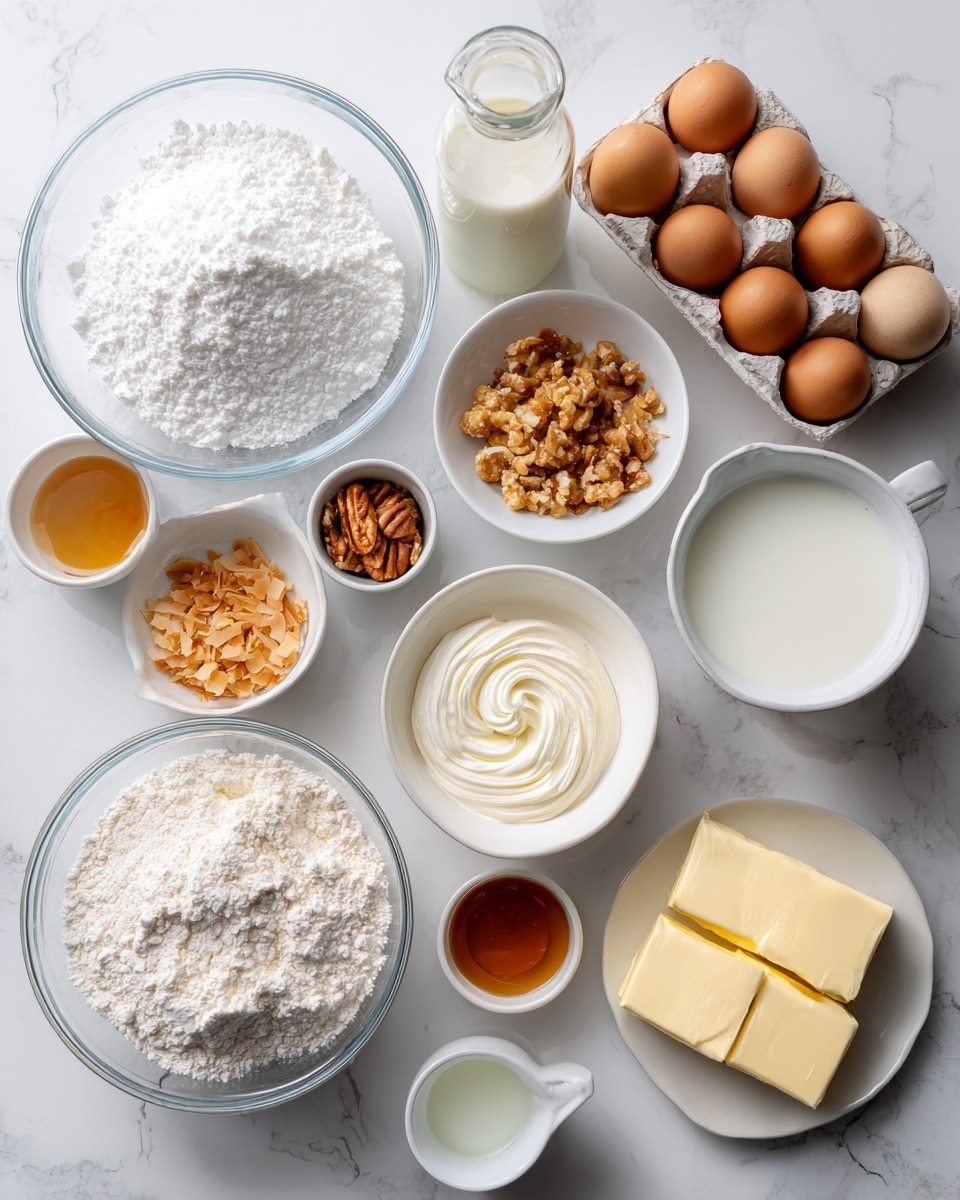 The image shows two sets of ingredients on a white marbled surface. On the left side, a large clear glass bowl filled with white powdered sugar is in the center, surrounded by small white bowls containing golden toasted coconut, chopped almonds, a small amount of white liquid, light brown syrup, a white plate with a small amount of white powder, and a tall glass bottle with a white liquid inside. On the right side, there is a large clear glass bowl filled with flour in the upper center, below it a large white bowl filled with white sugar with a swirl decoration on top, next to it are three sticks of yellow butter on the right edge. Nearby, a white carton holds four brown eggs, a small white pitcher contains milk or cream, and three small white bowls contain honey, yogurt, and a white powder respectively. photo taken with an iphone --ar 4:5 --v 7