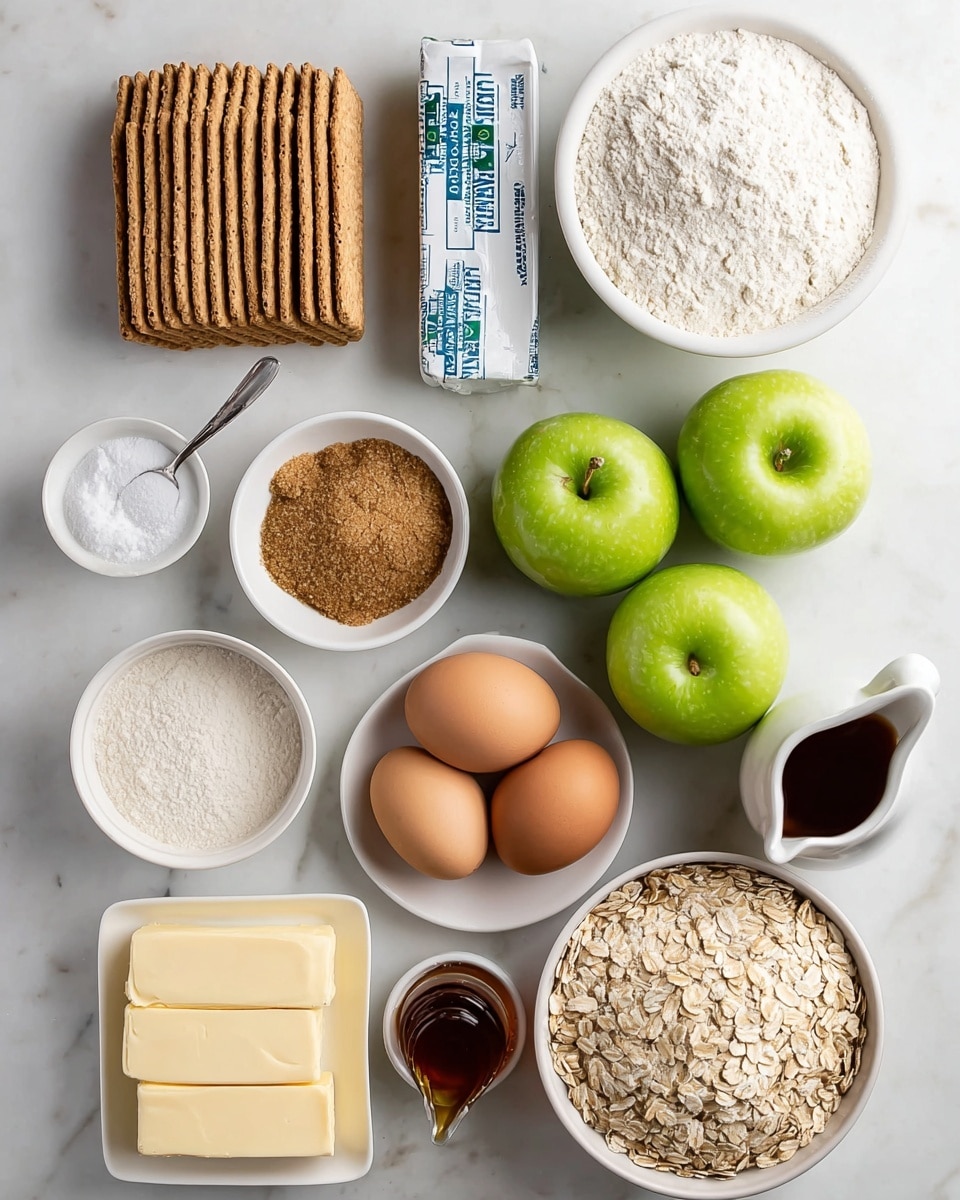 The image shows a top view of baking ingredients on a white marbled surface. There are three bright green apples positioned near the center right, slightly grouped together. Below the apples, three brown eggs lie close to two sticks of butter with yellow wrappers and blue text. To the left of the eggs, a small white bowl holds a spoon with a white powdery ingredient, possibly salt. Near it, a tiny bowl contains some brown powder, likely cinnamon, while another small cup has a dark liquid, like vanilla extract. Above this group, a package of rectangular graham crackers sits vertically on the left. Above the crackers is a small white bowl filled with light brown sugar. Next to the sugar, to the top left, there is a larger white bowl filled with white flour, and to the right of that is another large white bowl filled with white sugar. A group of four sticks of silver-wrapped butter or margarine stands upright near the middle. On the top right side, a white jug filled with brown liquid, likely caramel or syrup, is placed close to a large white bowl filled with rolled oats. The colors are clean and natural, with a clear, bright light giving a fresh look. photo taken with an iphone --ar 4:5 --v 7