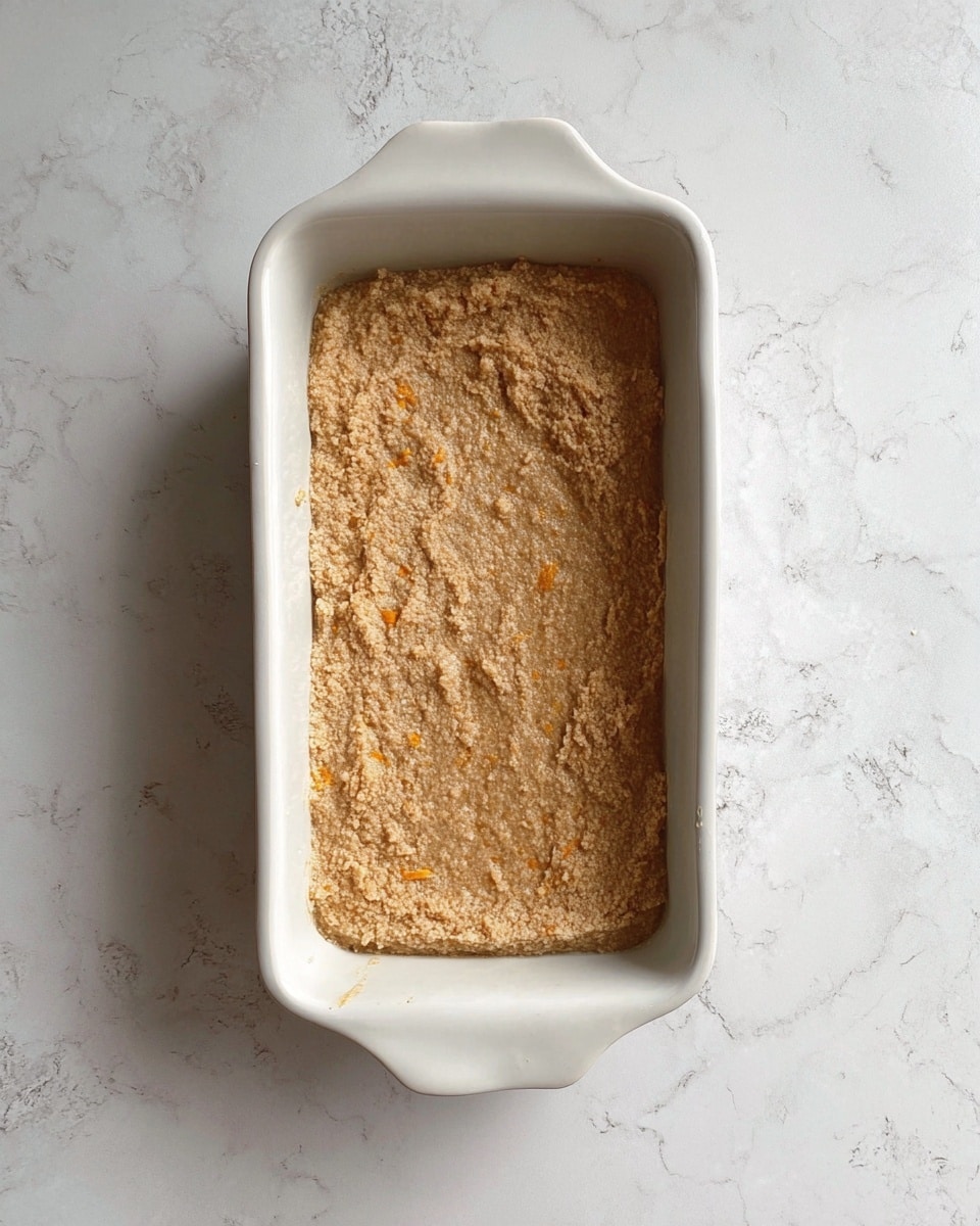 A rectangular white ceramic dish with softly curved edges holds a thick, rough-textured mixture spread evenly inside. The mixture is light brown with some small orange bits visible throughout, and there are slight uneven marks on the surface showing where it was spread. The dish is placed on a white marbled surface that has subtle gray veins and speckles. photo taken with an iphone --ar 4:5 --v 7