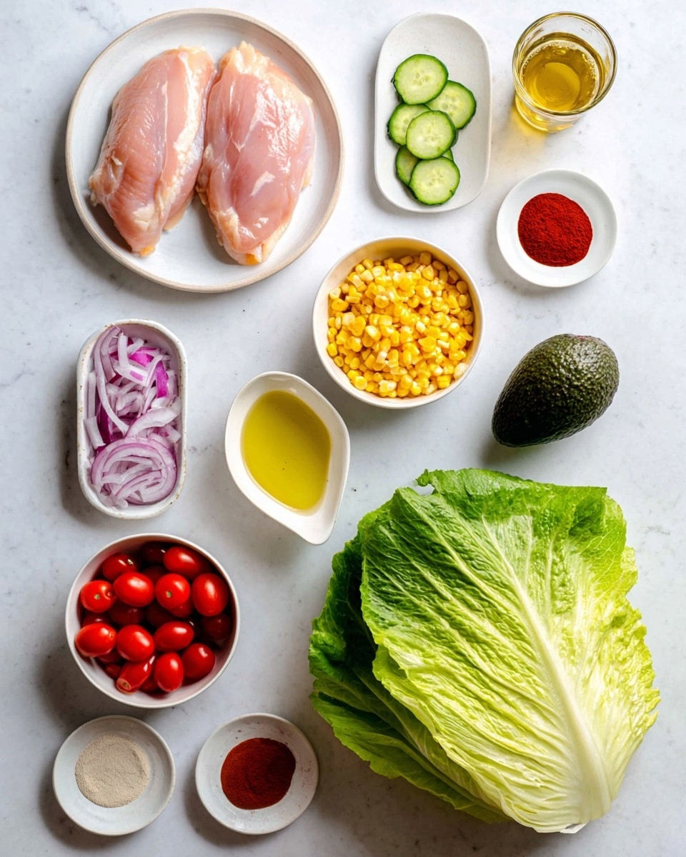 The image shows fresh ingredients arranged neatly on a white marbled surface. In the center is a large, bright green romaine lettuce with detailed leaves. To the upper left is a white plate holding two large raw chicken pieces, light pink and smooth in texture. Surrounding the lettuce are small white bowls filled with different ingredients: bright yellow corn kernels, halved red cherry tomatoes, thin purple-red onion slices, light cucumber slices, and an empty spot with a dark green whole avocado placed nearby. Also included are small white bowls with light yellow oil, a golden liquid, and a white oval dish with three colored powders—white, bright red, and brownish-red. A small clear bottle of reddish sauce is placed near the onion. Everything is crisp, fresh, and colorful. photo taken with an iphone --ar 4:5 --v 7
