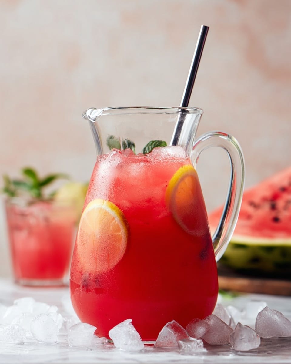 A clear glass pitcher filled with bright red drink is shown on a white marbled surface, surrounded by scattered ice cubes. Inside the pitcher, there are two visible lemon slices floating near the top, under a layer of crushed ice that covers the drink. A dark metal straw stands upright in the pitcher’s opening. In the background, blurred glasses with the same red drink and small green mint leaves are visible, along with part of a watermelon on the right side. Photo taken with an iphone --ar 4:5 --v 7