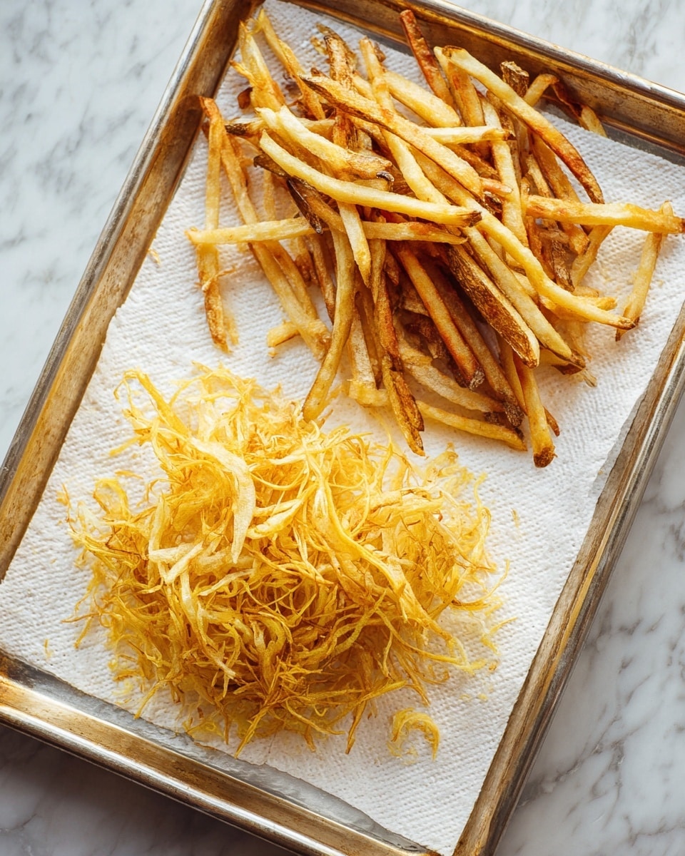 A metal tray lined with white paper towels holds two different piles of fried items. The top half shows a small mound of thin, long French fries, golden brown with some parts slightly darker. Below it, there is a loosely shaped pile of golden-yellow fried thin strands that look crisp and delicate. The tray is on a white marbled surface. photo taken with an iphone --ar 4:5 --v 7