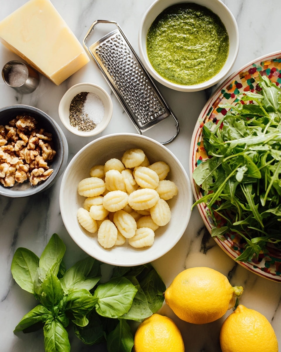 The image shows a white plate with colorful dots on the left side holding a block of pale yellow cheese and a metal grater lying across it; next to it is a white bowl filled with green pesto sauce that has a smooth texture with some small lumps. Below the pesto bowl is a white bowl with light beige gnocchi, each one ridged and slightly shiny. To the left of the gnocchi bowl is a small white bowl filled with chopped walnuts, and next to it are two tiny white bowls, one with coarse white salt and the other with black pepper. On the right side, a white bowl holds a pile of fresh, dark green arugula leaves. In the lower part of the image, there are three bright yellow lemons, one cut in half, surrounded by green basil leaves in the foreground. The background is a white marbled texture. Photo taken with an iphone --ar 4:5 --v 7