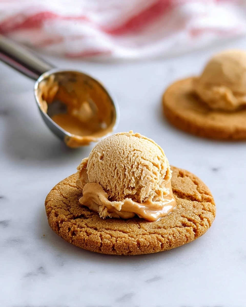 There is a single round, light brown, textured cookie placed flat on a white marbled surface. On top, right in the center, is a single scoop of creamy light tan ice cream with a smooth yet slightly rough texture. Next to the cookie and ice cream, a metal ice cream scoop with remnants of ice cream inside is placed, and in the background, there is a soft, folded cloth with red and white stripes, blurred to keep focus on the cookie. Another similar cookie is placed further away on the right side, also on the white marbled surface. photo taken with an iphone --ar 4:5 --v 7
