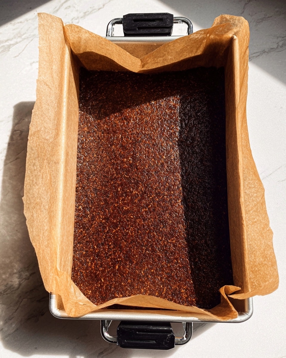 The image shows a rectangular metal baking pan lined with crumpled light brown parchment paper held by two black clips on opposite sides. Inside the pan is a single thick layer of a dark brown dense mixture with a slightly rough texture and small lighter specks throughout. The top edge of the layer is darker, almost blackened, with a shiny, slightly uneven surface. The pan is placed on a white marbled surface with sunlight casting soft shadows on the scene. photo taken with an iphone --ar 4:5 --v 7