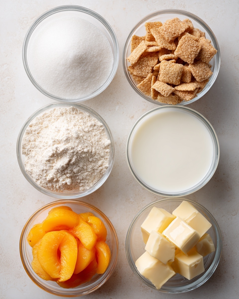 The image shows six clear glass bowls arranged on a white marbled surface, each containing a different ingredient. The top left bowl holds fine white granulated sugar, smooth and even on top. Below it, the second bowl is filled with white self-rising flour, fluffy and powdery with slight indentations. Next to the sugar on the top right is a bowl of Cinnamon Toast Crunch cereal, light brown with a crunchy texture made of small square-shaped pieces. To the right in the middle, there is a bowl filled with milk, smooth and white, almost full. On the bottom left, a bowl holds bright orange canned peaches, in juice, cut into slices with a juicy appearance. On the bottom right, the last bowl contains several chunks of pale yellow butter, soft and solid. All bowls are set evenly spaced on the surface. Photo taken with an iphone --ar 4:5 --v 7