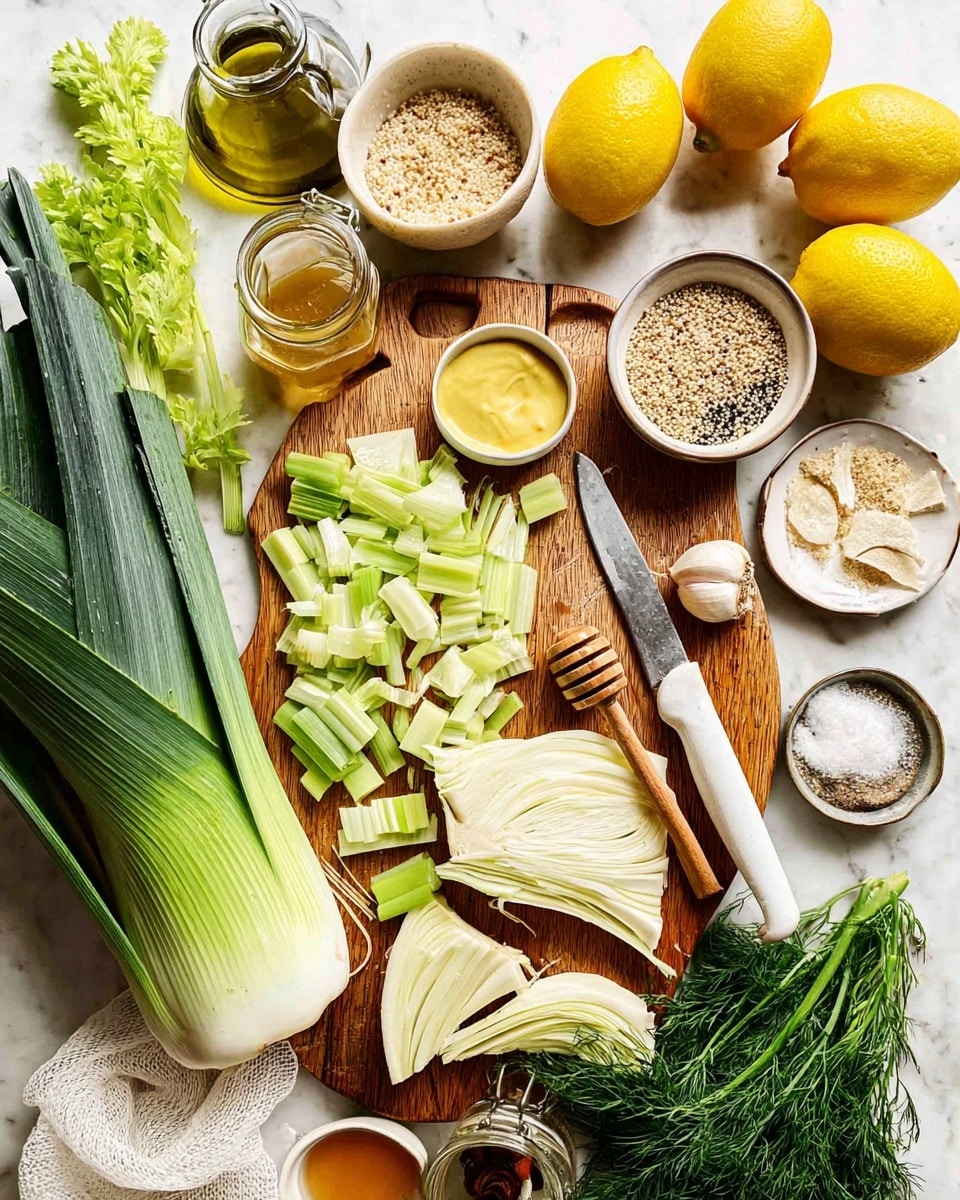 The image shows a wooden cutting board on a white marbled surface with fresh cut vegetables and ingredients arranged neatly. On the board, there are chopped pieces of pale green leek, sliced fennel with white and light green layers, a large whole stalk of leek with dark green leaves, and a knife with a white handle resting on some leek pieces. Around the board are small white bowls and jars containing yellow mustard, honey with a wooden honey dipper, olive oil, quinoa, sliced cheese, ground black pepper, salt, garlic cloves on a small plate, fresh bright green dill and parsley herbs, and four whole yellow lemons partially placed in a white mesh bag. The scene has a clean, fresh, and natural look, with the colors mainly green, yellow, and white. photo taken with an iphone --ar 4:5 --v 7