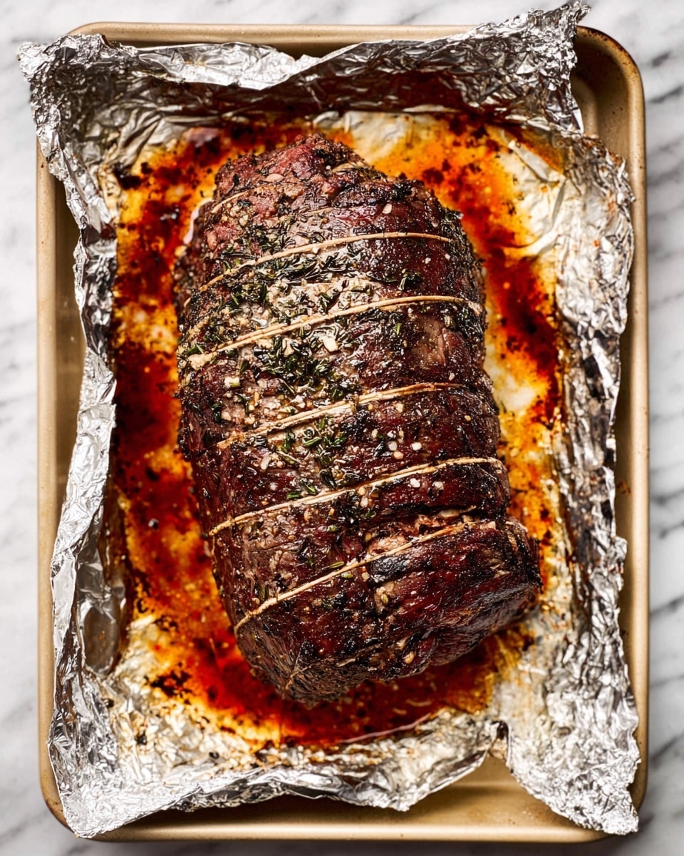 A roasted beef roast sits on a foil-lined baking tray with brown and green herbs spread on its charred surface, tied with light brown string in several horizontal loops to hold its shape. The meat is dark brown with a rough texture and visible coarse salt and herb flakes on top. The foil underneath is shiny silver, crumpled around the edges, soaked with orange and red cooking juices that look slightly sticky and rich. The baking tray holding the foil is light beige and set on a white marbled surface. The photo taken with an iphone --ar 4:5 --v 7