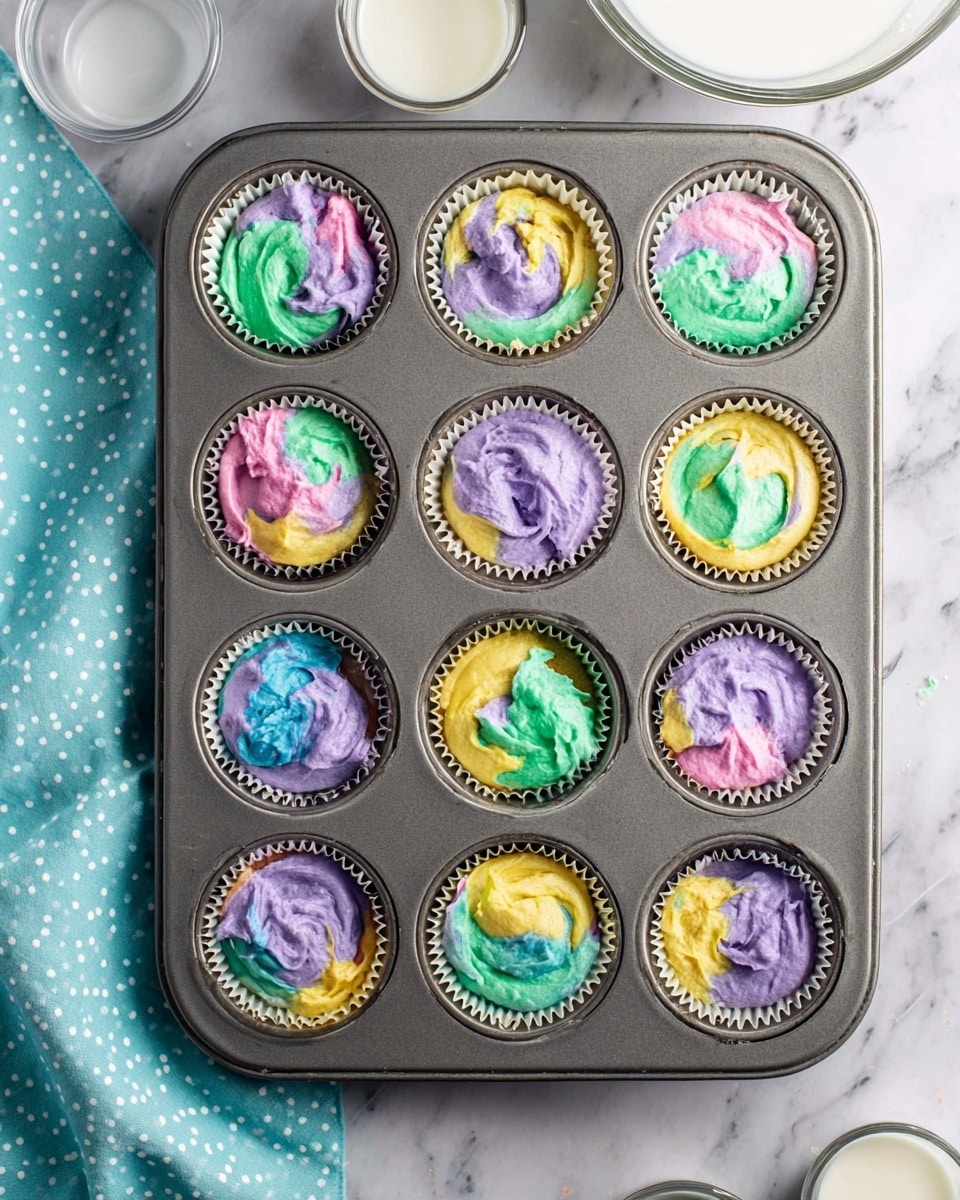 A grey metal muffin tray holds 12 white paper liners filled with colorful cupcake batter in multiple layers. Each liner has a base layer of yellow batter at the bottom, topped with swirls of pastel purple, blue, green, and pink batters spread unevenly on top. The batters show a rough texture with some blending where the colors meet. The tray sits on a white marbled surface, with a light blue cloth with white dots seen at the lower left. Scattered around the tray are small cups containing white liquid and an empty clear glass bowl. The photo was taken with an iphone --ar 4:5 --v 7