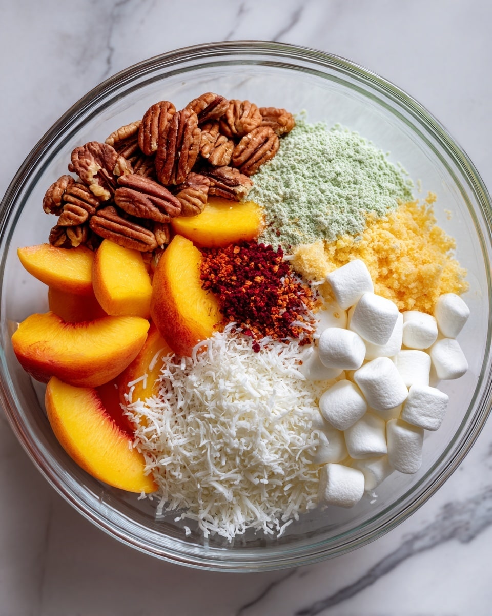 A clear glass bowl placed on a white marbled surface is filled with a colorful mix of ingredients arranged in separate clusters. On the left side, there are medium brown pecan halves with a rough texture. Below that, bright orange peach slices with soft, smooth surfaces. Near the top, a small pile of finely chopped red pieces sits beside a fine light green powder. In the center, there is a mound of white shredded cheese with a stringy texture. To the right, a handful of small white marshmallows, soft and puffy, are scattered. The bowl and its contents are all clearly visible from above, showing a vivid combination of colors and textures. Photo taken with an iphone --ar 4:5 --v 7