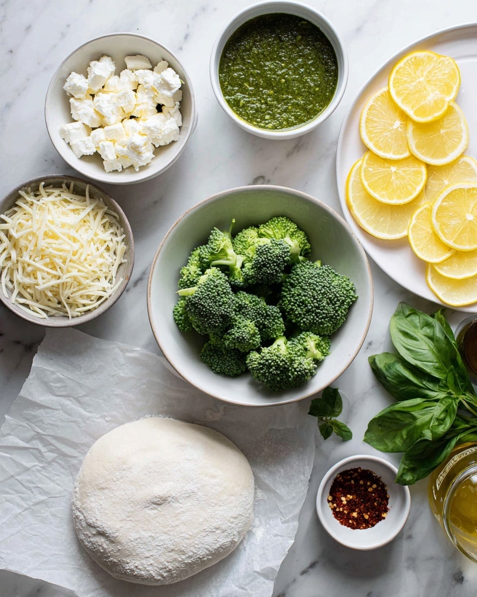 The image shows several white bowls and a white plate arranged on a white marbled surface. In the center, there is a white bowl filled with bright green broccoli florets. To the left, a white bowl holds crumbled white cheese, and just above it, another white bowl contains a thick green pesto sauce. Next to these, a white bowl with shredded mozzarella cheese is present. On the right side, a white plate displays thin lemon slices arranged in a semi-circle. A bunch of fresh dark green basil leaves lies near the plate, and there is a white container labeled