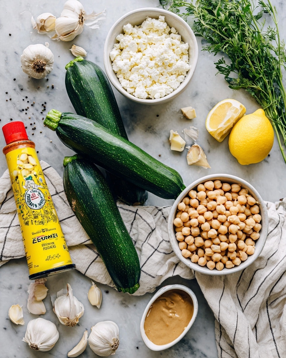 The image shows a flat lay of fresh ingredients on a white marbled surface. In the center, two long dark green zucchinis rest next to sprigs of light green fresh herbs. To the right of the zucchinis is a white bowl filled with small round beige chickpeas and above it a white bowl with crumbled white cheese. A whole yellow lemon and a lemon half sit near the bowl of cheese. To the left of the zucchinis is a bright yellow tube of Harissa spice paste, surrounded by scattered white garlic cloves. Below the garlic is a small white measuring cup filled with tan-colored tahini. A white and beige striped cloth is partially visible near the bowls. Photo taken with an iphone --ar 4:5 --v 7
