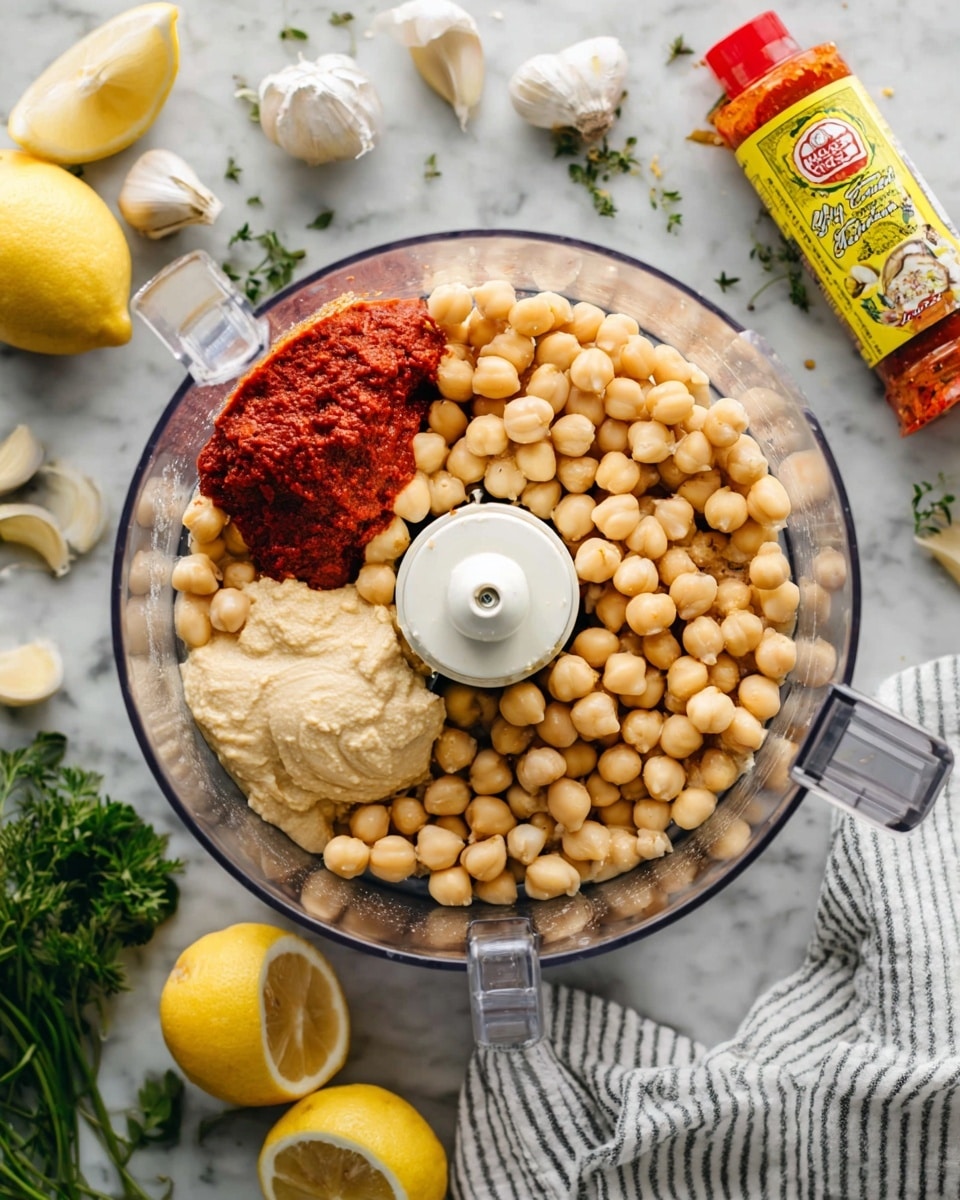 This image shows a clear food processor bowl filled with ingredients for making hummus. The bowl is filled mostly with beige chickpeas, with a smooth, light beige tahini paste on one side and a deep red thick sauce, likely harissa, placed next to it. The food processor blade is in the center, with a white plastic cap on it. Surrounding the processor are garlic cloves, halved lemons, green herbs, and a yellow tube of harissa paste on a grey surface. A white striped cloth is partially visible near the bottom right corner. The background is a white marbled texture. Photo taken with an iphone --ar 4:5 --v 7