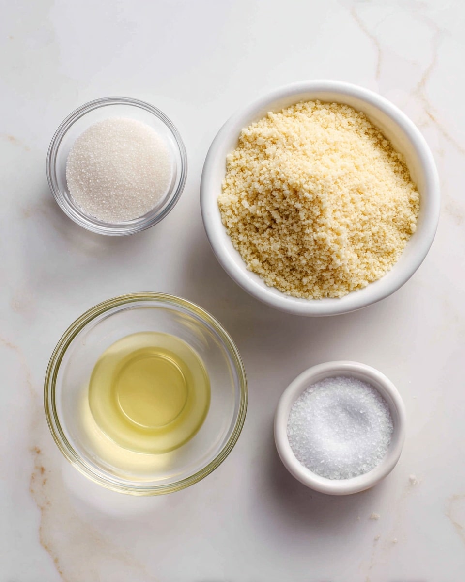 Four small bowls are placed on a white marbled surface. The largest bowl on the right is white and filled with a light tan, crumbly almond flour. Below it, a smaller clear glass bowl holds melted butter with a light yellow, smooth liquid texture. Above the butter bowl, another clear glass bowl contains white granulated sugar with a fine, grainy texture. The smallest white bowl at the top right corner contains fine white sea salt with a powdery texture. Each bowl is spaced evenly, and the background is a white marbled texture. photo taken with an iphone --ar 4:5 --v 7