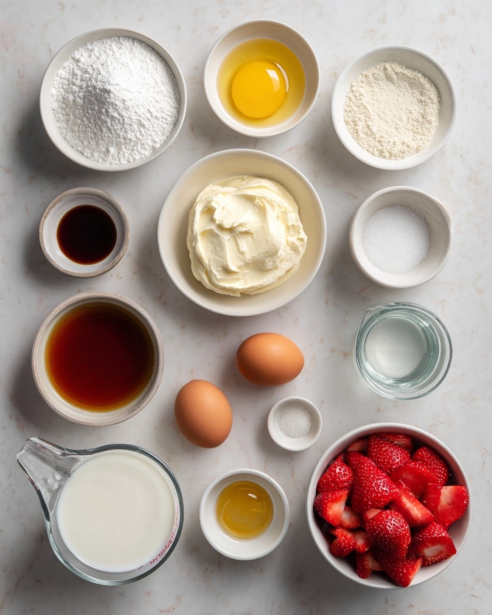 A top-down view of ingredients laid out neatly on a white marbled surface, arranged in three rows. From left to right, the first row has a white bowl filled with white powdered sugar, a white bowl with creamy white mascarpone cheese, a small white bowl of dark amber vanilla, a small white bowl of melted yellow butter, a small white bowl of light brown maple syrup, and a small white bowl of white salt. The second row features a white bowl with white flour, a clear glass measuring cup with white milk, two whole brown eggs placed side by side, a white bowl filled with thick white heavy cream, and a small clear glass of water. On the far right is a white bowl filled with bright red sliced strawberries. Photo taken with an iphone --ar 4:5 --v 7