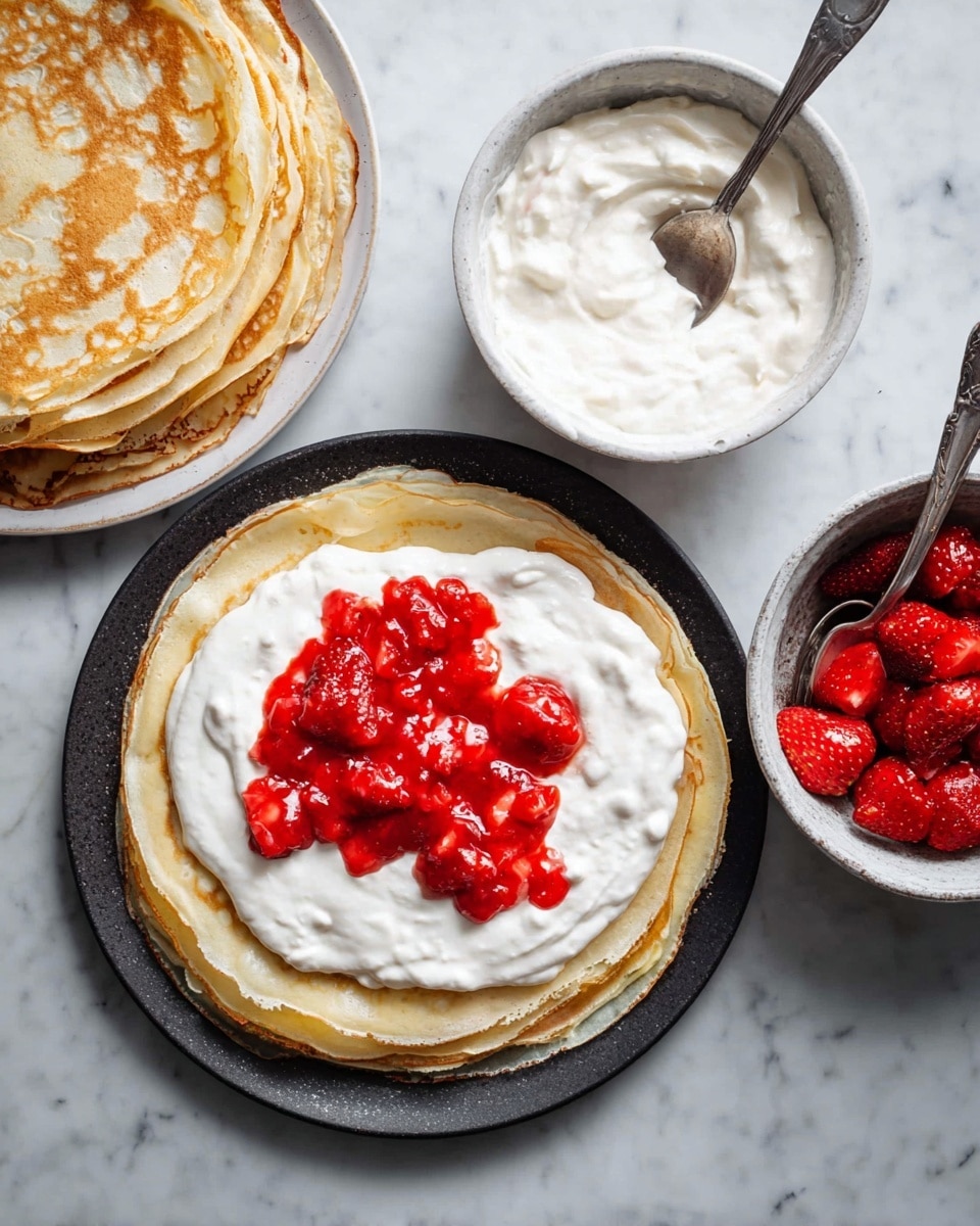 A stack of thin golden crepes lies on a dark round plate with the top crepe covered in a smooth white cream layer, topped with bright red strawberry pieces and sauce scattered in the center. To the left, a white bowl filled with white cream has a spoon resting inside, and to the right, a white bowl holds more red strawberries with a spoon laid on top. Another stack of plain crepes is partially visible in the upper left corner, all placed on a white marbled surface. Photo taken with an iphone --ar 4:5 --v 7