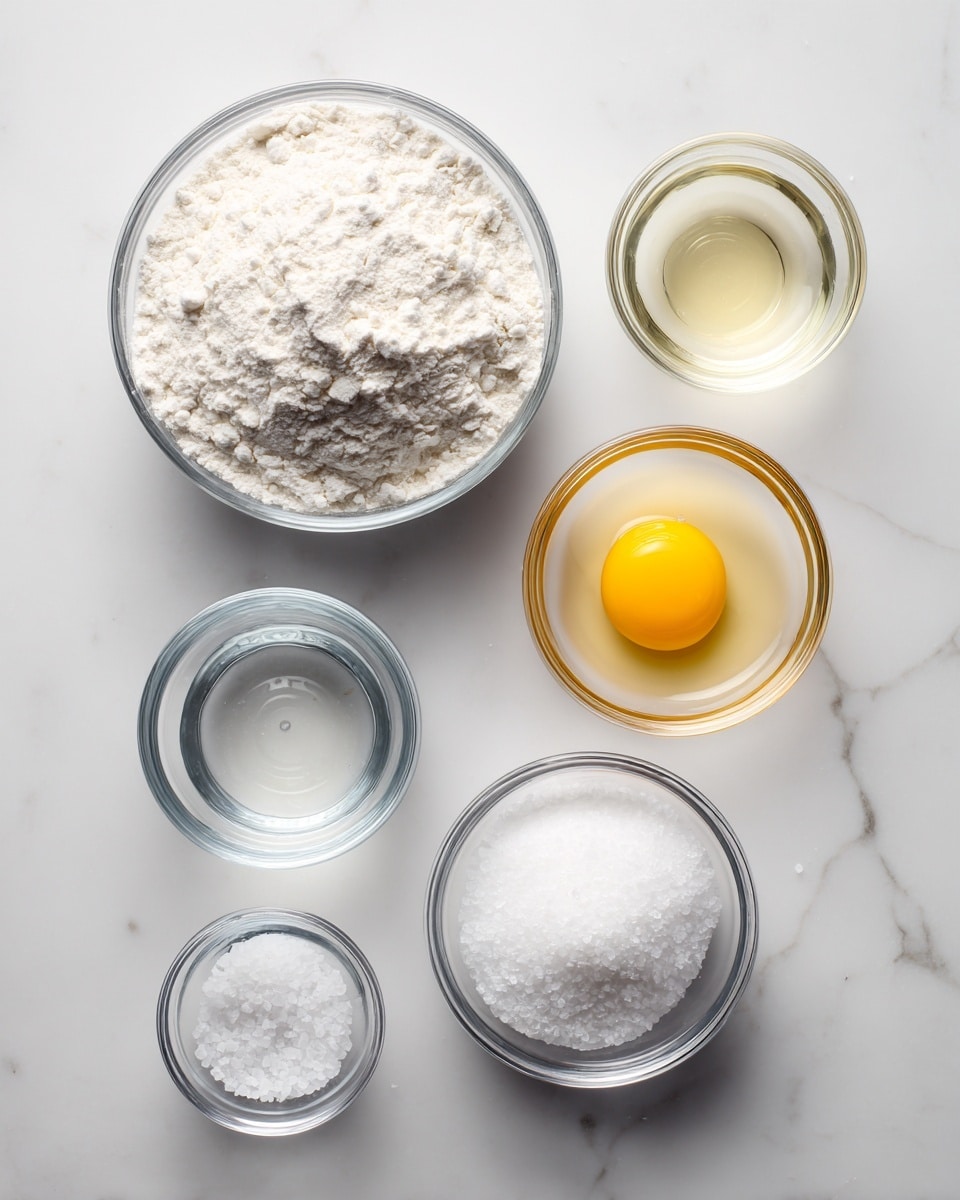 The image shows six small clear glass containers arranged on a white marbled surface. The largest container holds white bread flour, shaped like a half oval and filled to the top. Next to it are two medium bowls, one with clear water and one with light yellow egg yolk sitting in egg white. Below these are two smaller bowls, one with white salt crystals and one with a clear liquid labeled kansui. All containers are neat and clean, spaced evenly for a tidy arrangement. Photo taken with an iphone --ar 4:5 --v 7