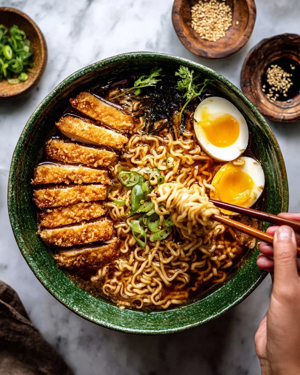 A large green bowl filled with ramen noodles in brown broth forms the base layer, with a row of golden, crispy fried chicken slices placed on the left side. On the right, a soft-boiled egg cut in half, showing a slightly runny, bright yellow yolk, sits near the center. Green scallions are arranged on top of the egg for a fresh touch. A pair of wooden chopsticks held by a woman's hand lifts a bundle of noodles from the right side of the bowl. The bowl is set against a white marbled surface with small dishes of sesame seeds and sauce in the background. The photo taken with an iphone --ar 4:5 --v 7