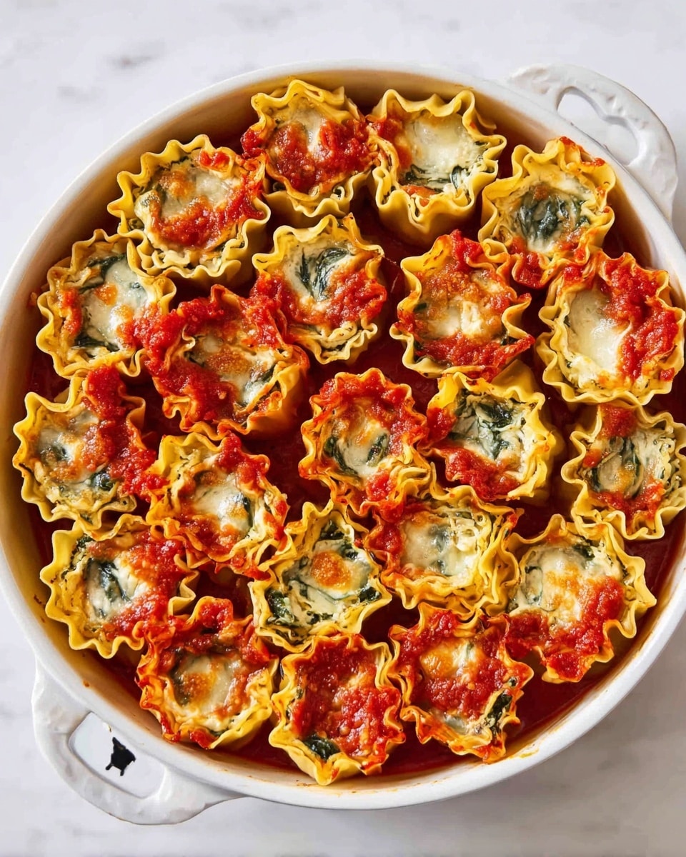 The dish shows many small rolled pasta cups arranged tightly in a white round baking dish with handles. Each pasta cup has three visible layers: the wavy yellow pasta edges on the outside, a middle layer of creamy white cheese mixed with green spinach or herbs, and a bright red tomato sauce on top and between layers. The pasta cups fill the dish closely, with a few showing bits of browned cheese and sauce slightly spilling over the edges. The dish sits on a white marbled surface. photo taken with an iphone --ar 4:5 --v 7