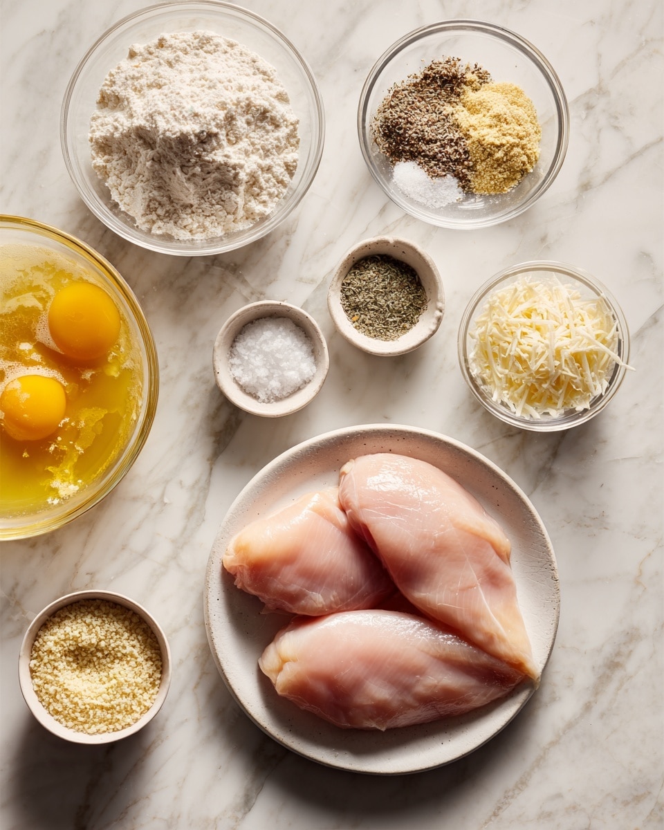 The image shows a top-down view of several cooking ingredients arranged neatly on a white marbled surface. At the center right, two raw chicken pieces lie flat on a white plate. Above and to the left of the chicken is a slightly bigger white bowl filled with white flour. Nearby, three small clear glass bowls hold salt (white powder), black pepper (coarse dark specks), and finely grated parmesan cheese in a pale yellow color. Below the flour bowl is a small bowl with beaten yellow eggs. Next to the eggs is a small bowl containing greenish Italian seasoning. At the bottom center, a clear glass measuring cup filled with golden cooking oil is placed near a white bowl on the right filled with light tan panko breadcrumbs. Each ingredient is labeled with black text on white tags. The setup is bright with soft shadows and the photo was taken with an iphone --ar 4:5 --v 7