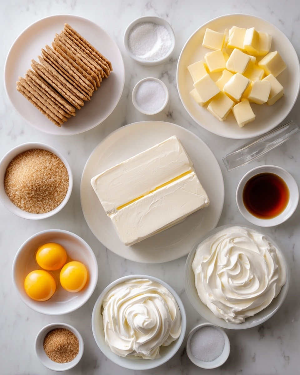 A flat lay shows a group of white plates and small white bowls arranged on a white marbled surface, each holding different baking ingredients. In the top right, there is a plate with several square yellow cubes of butter. Below it, a larger plate holds two thick blocks of smooth cream cheese. Close by, a small bowl contains a swirl of sour cream, and next to it, another small bowl holds heavy cream. In the bottom left corner, a small white bowl contains three bright yellow eggs, while two white bowls nearby hold granulated sugar and a fine layer of sea salt. To the left, a white plate displays neatly stacked light brown graham crackers. A small bowl of light brown brown sugar is placed near the top left. Additional small white bowls contain water and a dark amber liquid of vanilla extract, all arranged with clear labels above each ingredient, against the clean white marbled background. Photo taken with an iphone --ar 4:5 --v 7