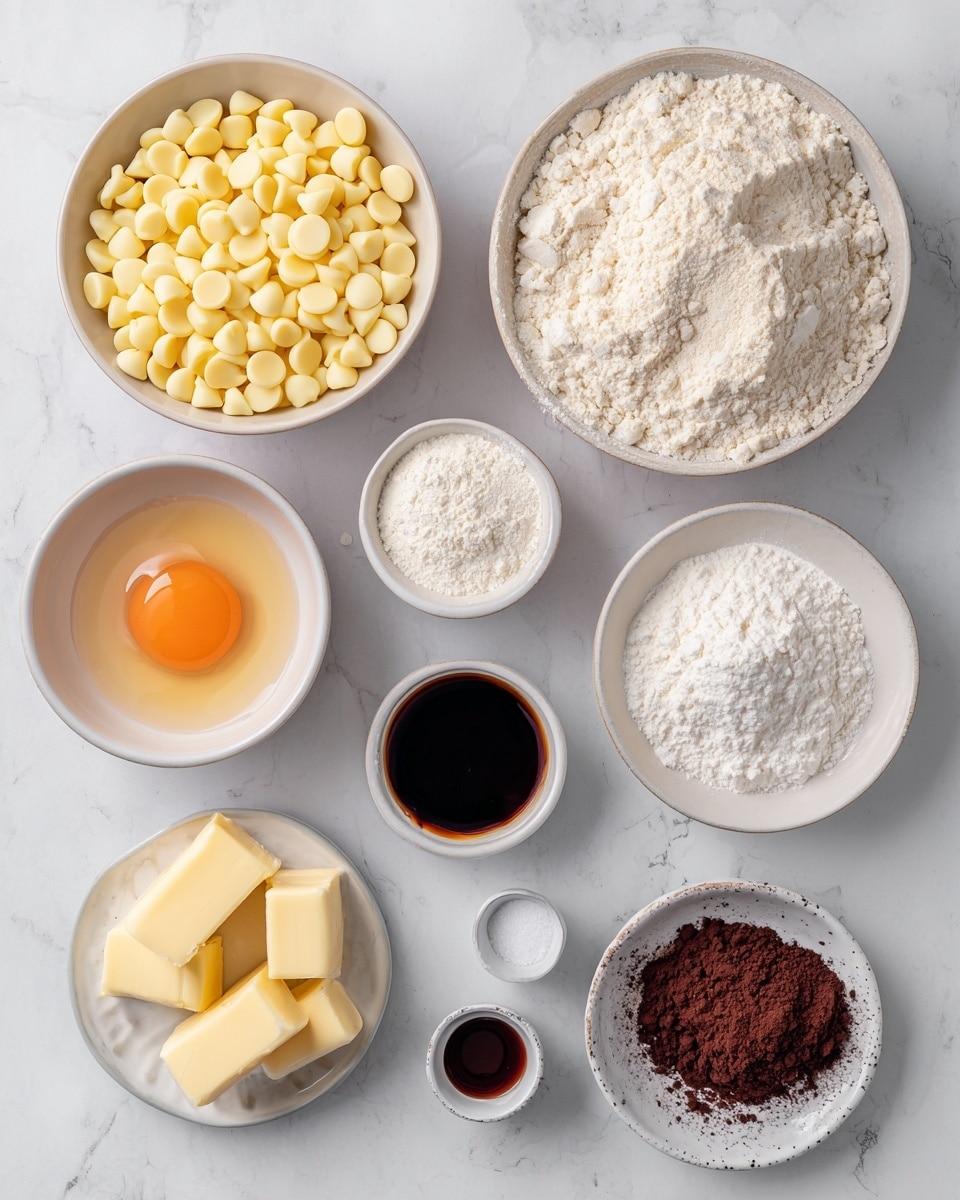 The image shows several small white bowls arranged on a white marbled surface, each holding different baking ingredients. One bowl contains yellow round white chocolate chips piled up, another holds uncooked egg with a bright orange yolk in the center. There are also bowls with white granulated sugar, white flour, cocoa powder, dark brown liquid (likely vanilla extract), black liquid (possibly molasses), white powder (baking soda), and soft pale yellow butter cut into blocks on a small white plate. The bowls are spaced apart with a clean and bright setting, ready for baking preparation. photo taken with an iphone --ar 4:5 --v 7