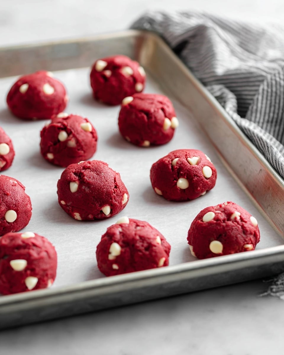 There are twelve red dough balls with white chocolate chips mixed in, placed evenly in three rows on a silver baking tray lined with parchment paper. The dough balls have a smooth but slightly bumpy texture with white chips scattered throughout. The tray sits on a white marbled surface, and a gray striped cloth is in the blurred background. The photo is taken from a low angle showing a close-up of the dough balls. photo taken with an iphone --ar 4:5 --v 7