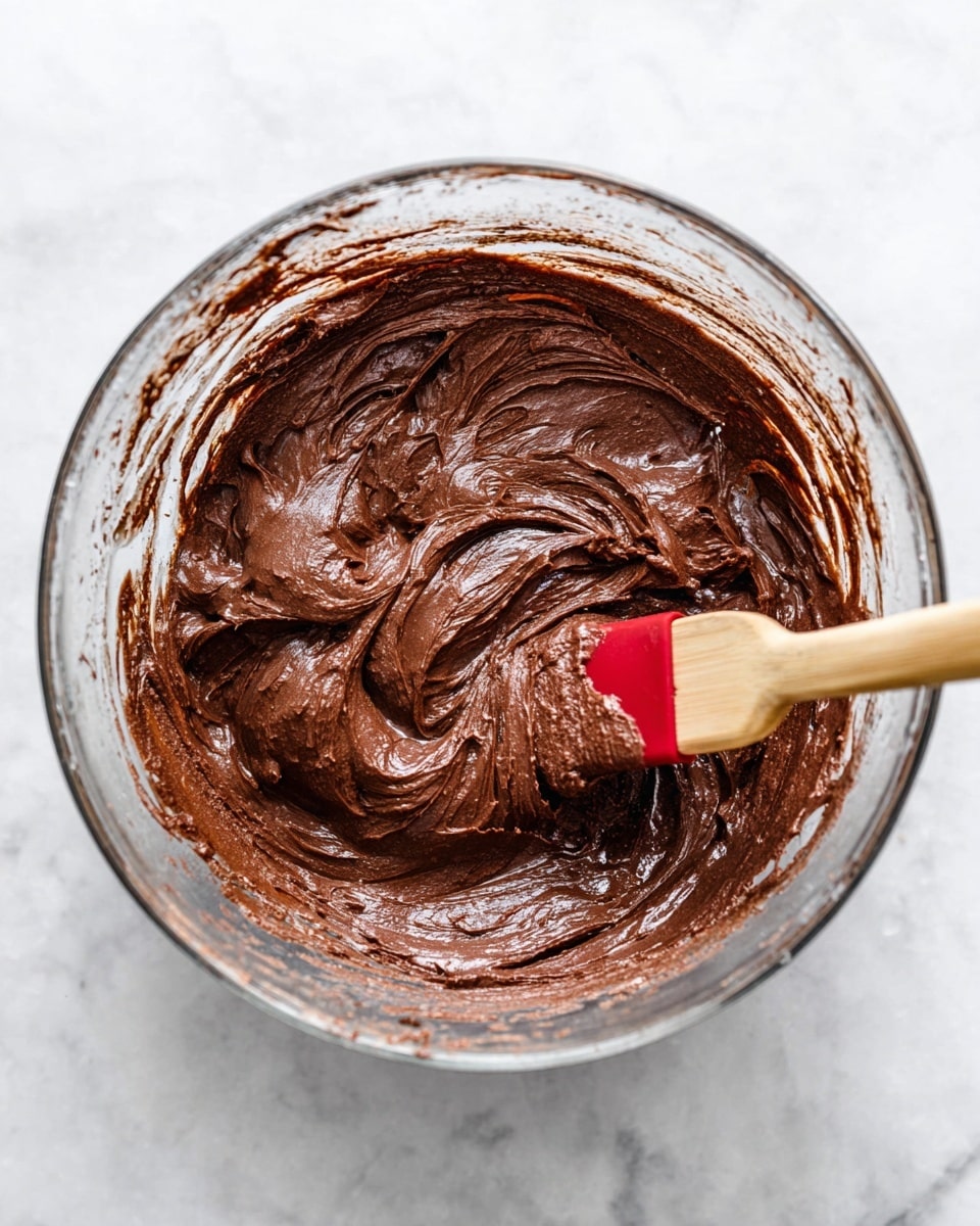 A clear glass mixing bowl sits on a white marbled surface, filled with smooth, thick, and creamy dark brown chocolate batter. The batter has a slightly glossy texture with gentle swirls and folds, showing air bubbles and soft peaks throughout. A wooden spatula with a red silicone tip is partially inserted into the batter, with some batter clinging to it. The clear sides of the bowl have streaks of batter, indicating recent mixing. Photo taken with an iphone --ar 4:5 --v 7