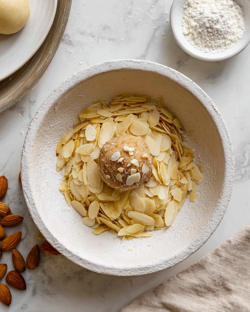 A white bowl with a rough texture holds a mound of thin, pale yellow almond slices spread around. At the center, there is a small round ball of light brown dough sprinkled with some almond slices on top. The bowl is placed on a white marbled surface with a folded beige cloth nearby and a small white bowl of white powder and a plate with another dough ball in the background. photo taken with an iphone --ar 4:5 --v 7