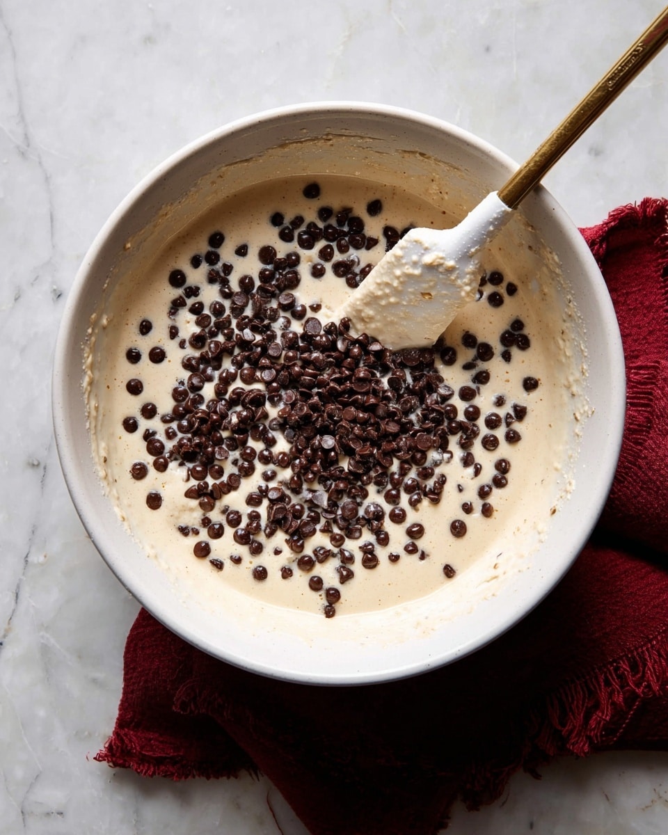 A light beige mixing batter fills a large white bowl, with many small dark brown chocolate chips scattered on top and partially mixed in. A white spatula with batter coating on its head rests inside the bowl, its handle extending out. The bowl is placed on a surface with a white marbled texture, and a dark red cloth is partially visible under the bowl. Photo taken with an iphone --ar 4:5 --v 7