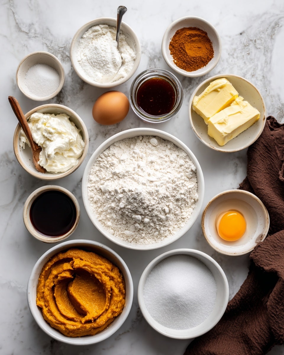The image shows several small white bowls and a jar arranged on a white marbled surface, each holding different baking ingredients. There is one bowl with white cream cheese, another with white powdered sugar, a small jar with dark caramel sauce and a spoon inside, and a bowl with light yellow butter. A bowl with orange pumpkin puree, a bowl with a single egg yolk, a bowl with dark brown sugar, and a small bowl with clear vanilla extract are also present. In the center is a larger white bowl filled with white flour. Additionally, there are small white bowls containing granulated white sugar, baking powder, salt, and pumpkin spice powder. A dark brown cloth is partially seen on the right side. photo taken with an iphone --ar 4:5 --v 7