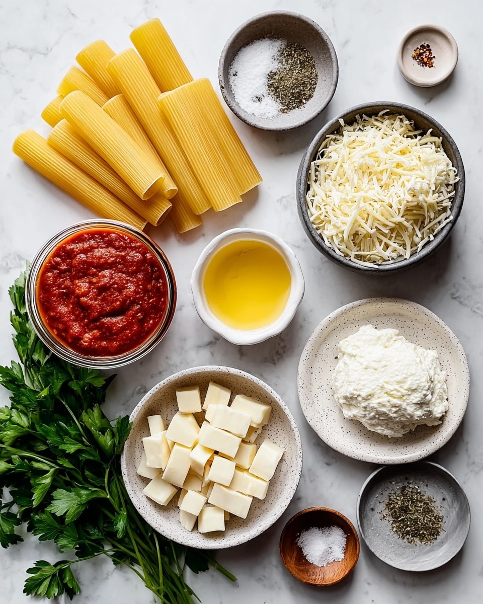 The image displays ingredients for a pasta dish arranged neatly on a white marbled surface. There are large yellow pasta tubes placed next to a glass jar filled with rich red tomato sauce. A small white bowl holds a yellow beaten egg mixture, while a white speckled plate contains white cheese cubes. Next to it is a white bowl filled with shredded cheese, and behind that, a gray bowl holds a thick white ricotta-like cheese. Several small dishes are arranged around, including one with minced garlic, one with coarse black pepper, a dark gray bowl of grated cheese, a small wooden dish with salt, and a white plate with dried herbs. Fresh green parsley leaves lay at the bottom left corner, adding a touch of color. The overall composition is balanced and clear. photo taken with an iphone --ar 4:5 --v 7